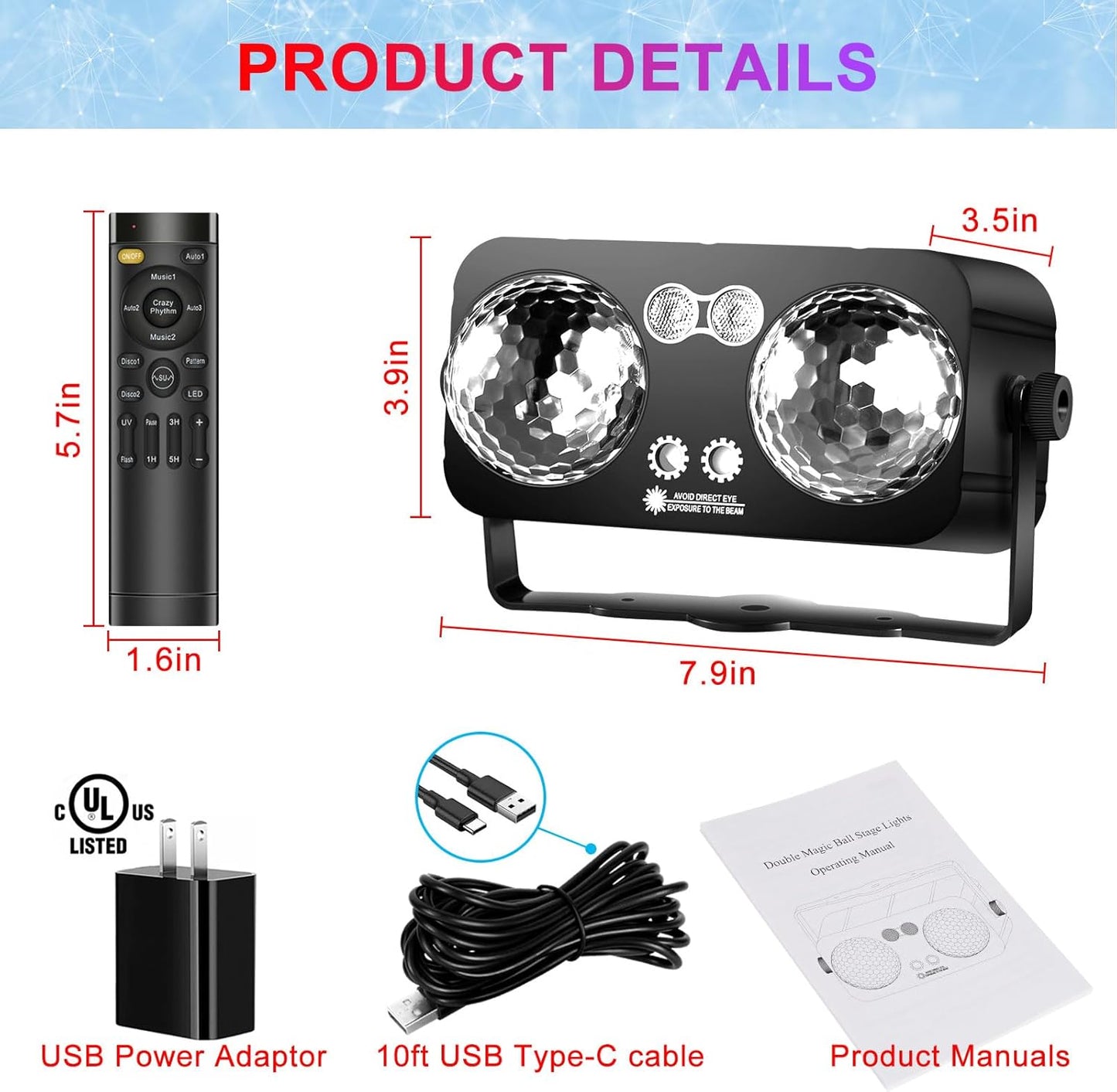 Party Lights Dj Disco Ball Light, 10 ft USB Cable 5V/3A Sound Activated Strobe Stage Lighting
