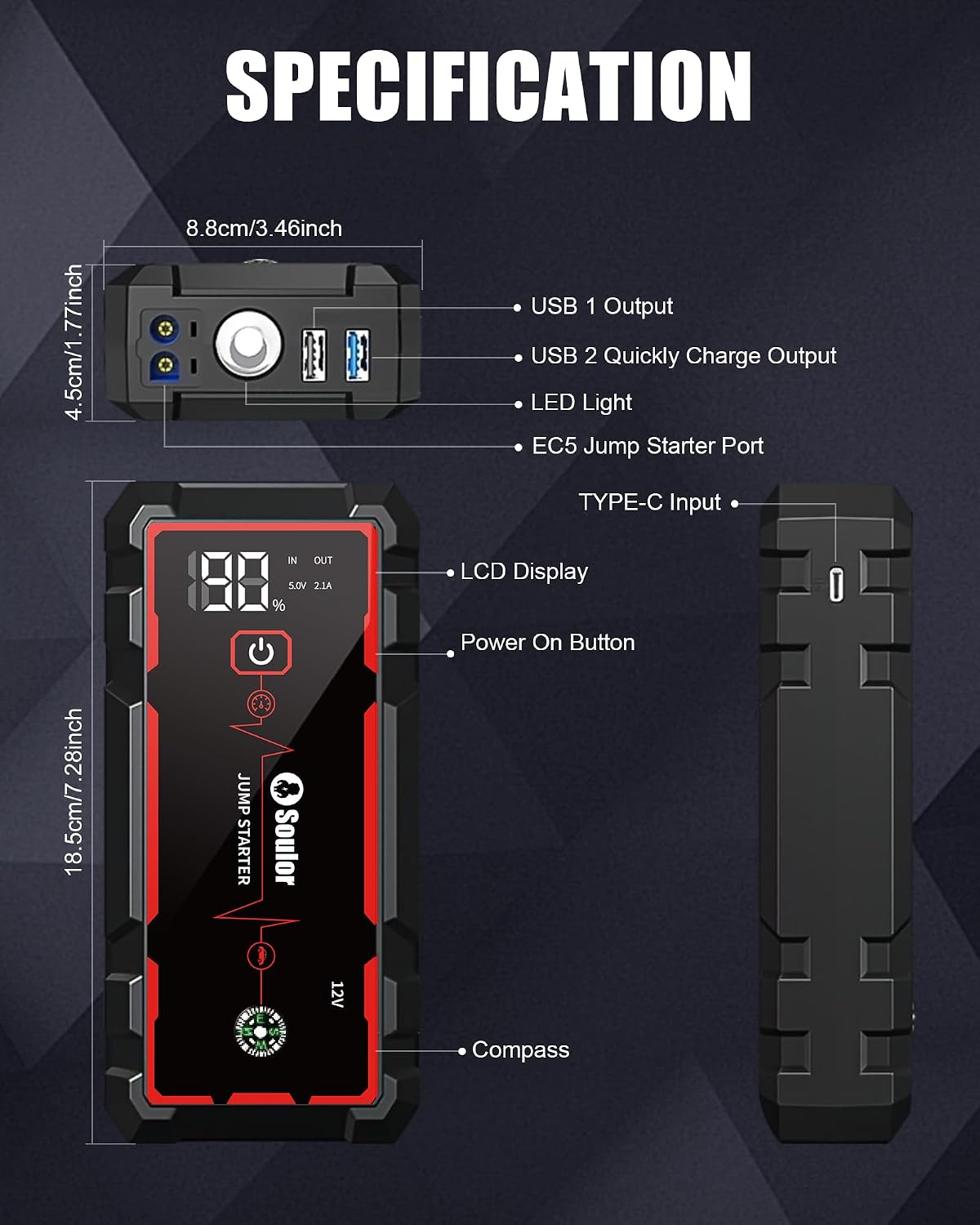 Car Battery Jumper Starter Portable, Battery Booster with 3 Modes Flashlight, Jumper Cables, Gloves