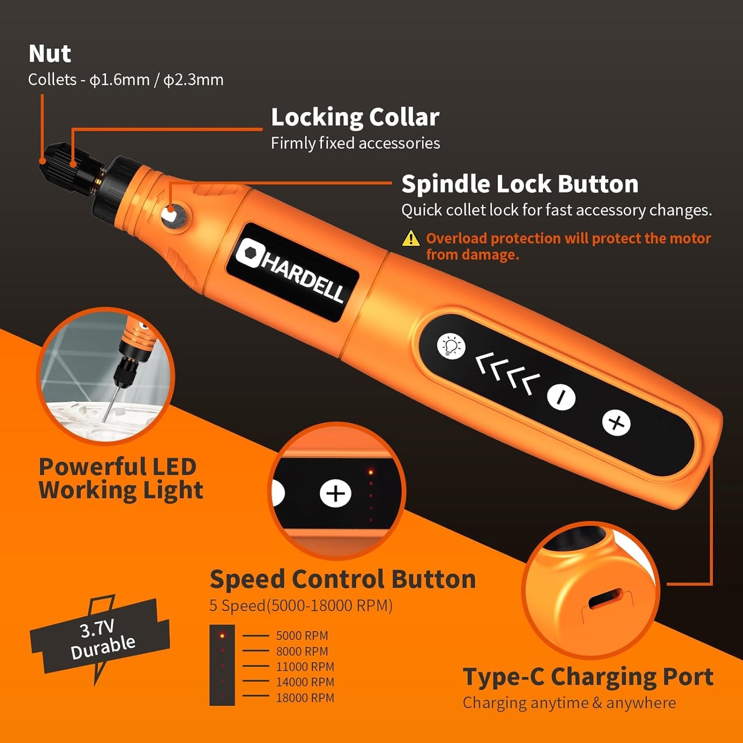 3.7V Mini Cordless Rotary Tool Kit, 5Speed, USB Charging, 61 Accessories, Sanding, Polishing &amp; more