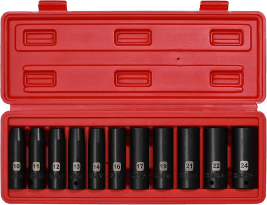 11PCS 1/2 In Drive Deep Impact Socket Set, Metric, 6-Point, CR-V, 11 Pieces 1/2" 10mm - 24mm