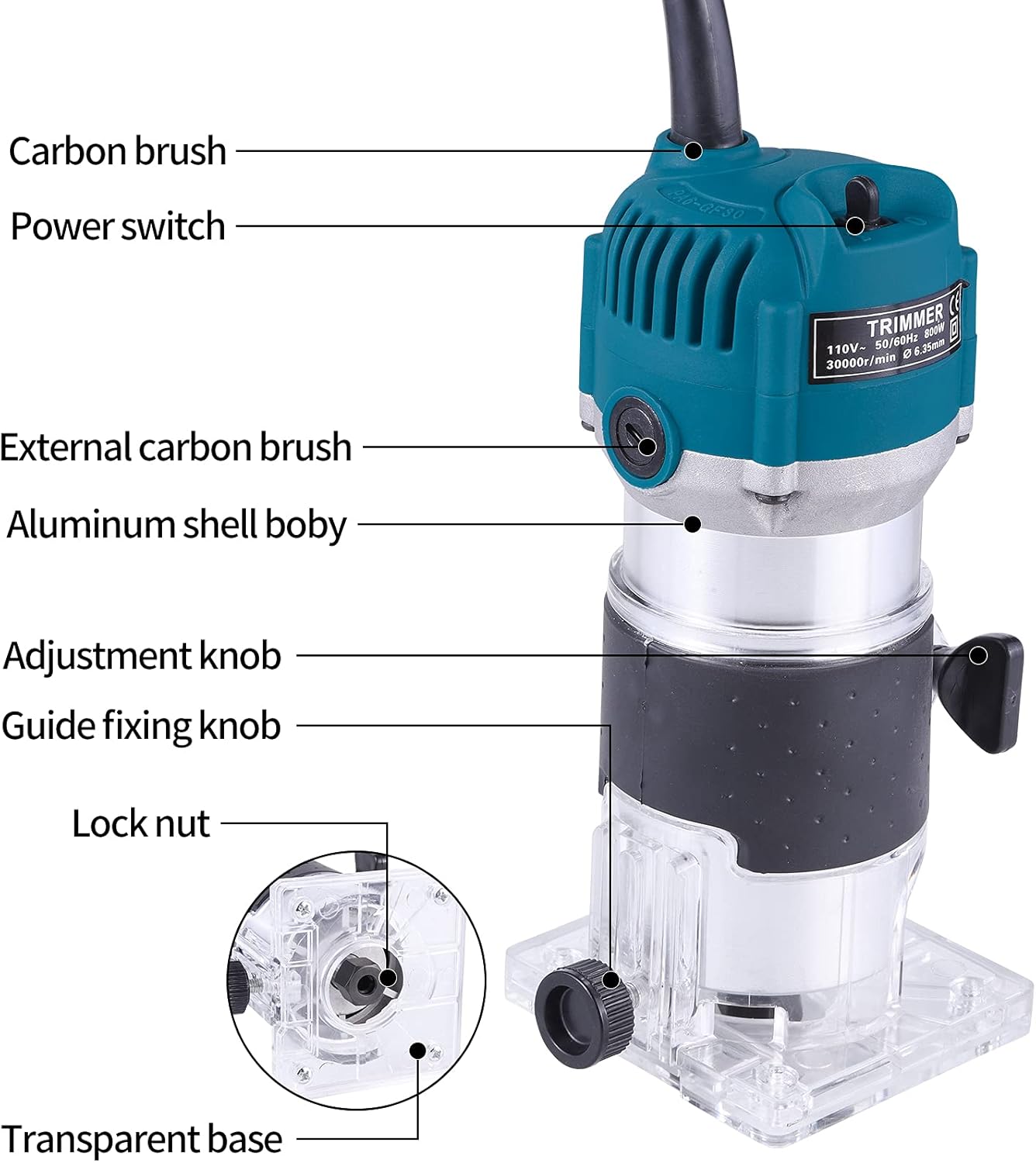 Wood Router, Trimmer Laminate Milling Engraving Joiner Tool 110V 800W 30000R/MIN