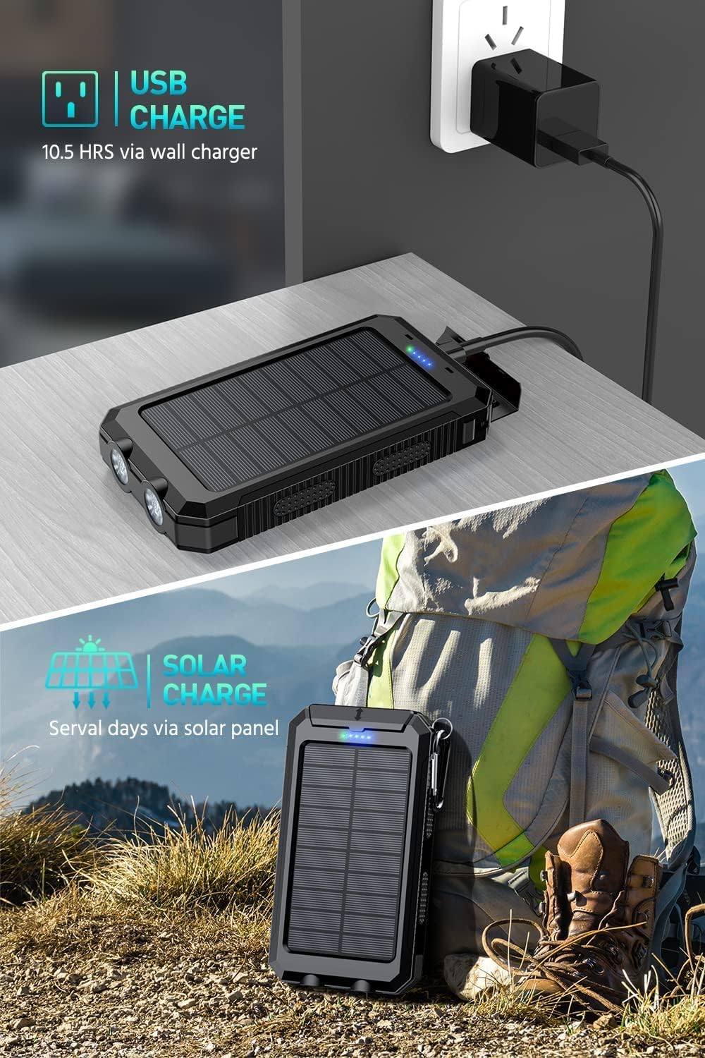Power Bank,Solar Charger,36800mAh 5V3.1A QC 3.0 Dual 2 USB Port, Flashlight