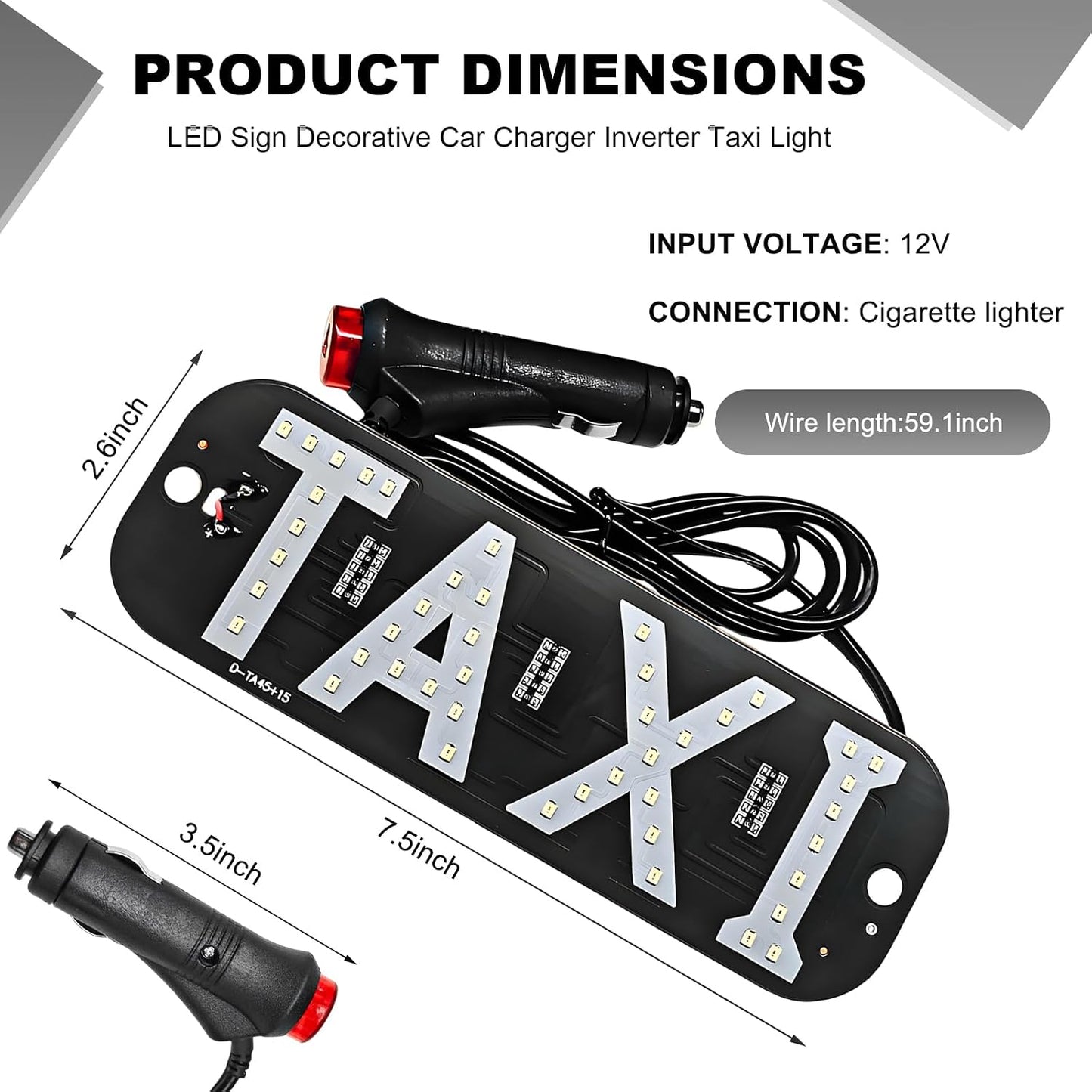 12V Taxi Logo LED Indicator Lamp with Car Charger Inverter, Bright, Flashing Hook