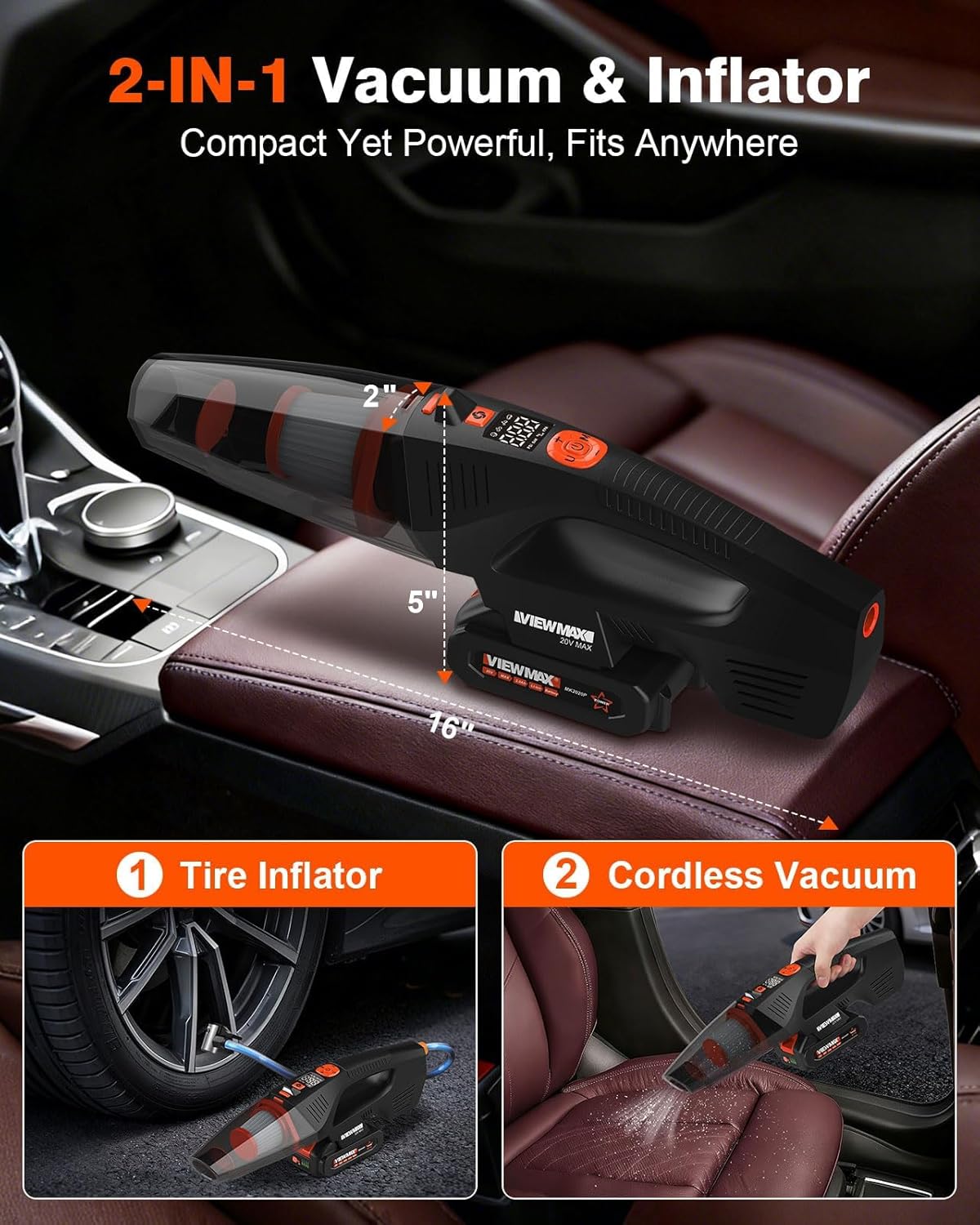 2-in-1 - 20V Cordless Handheld Vacuum Cleaner &amp; 150PSI Air Pump, 18000Pa Suction