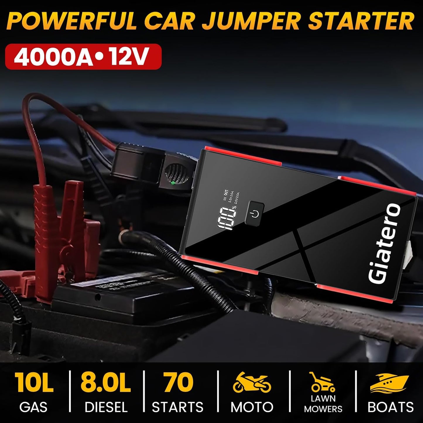 4000A Car Jump Starter, Portable Battery Pack(10.0L Gas/8.0L Diesel), 12V, 3 Modes Flashlight