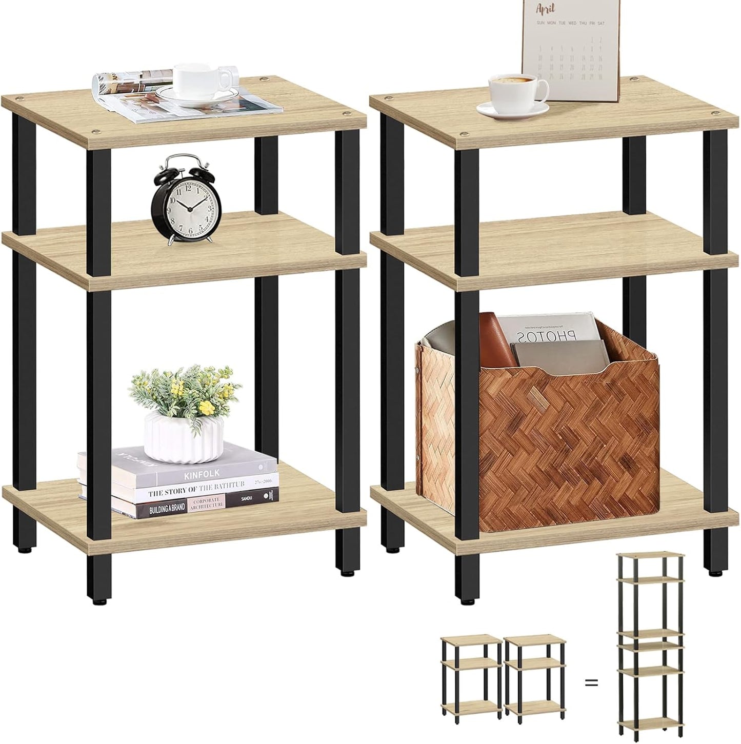 Set of 2 End Table, Side Table, Nightstand, 3-Tier Storage Shelf, Couch Table for Small Space