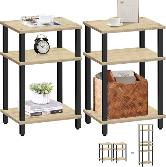 Set of 2 End Table, Side Table, Nightstand, 3-Tier Storage Shelf, Couch Table for Small Space