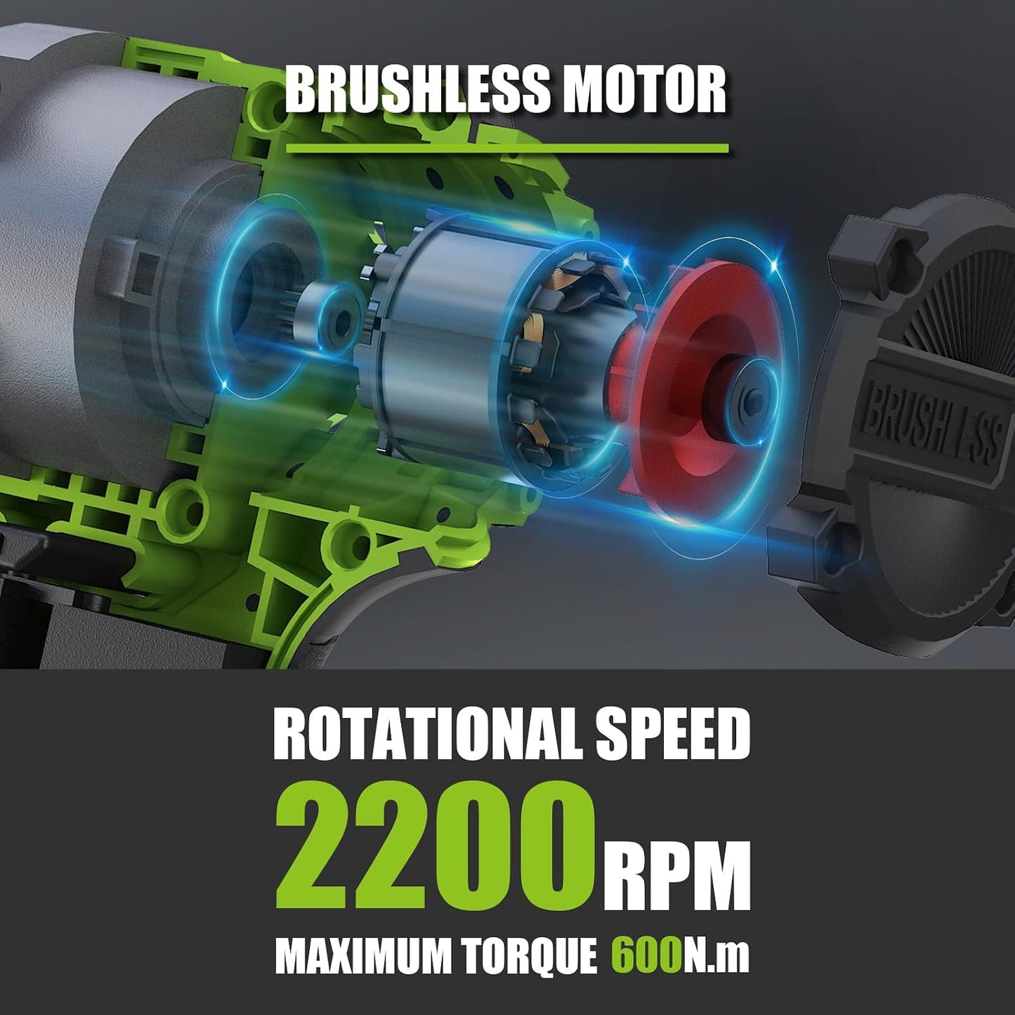 600N.m (405Ft-lbs) 1/2 In Cordless Impact Wrench, 3200RPM Brushless Motor, 2x4.0AhBattery, 5Sockets