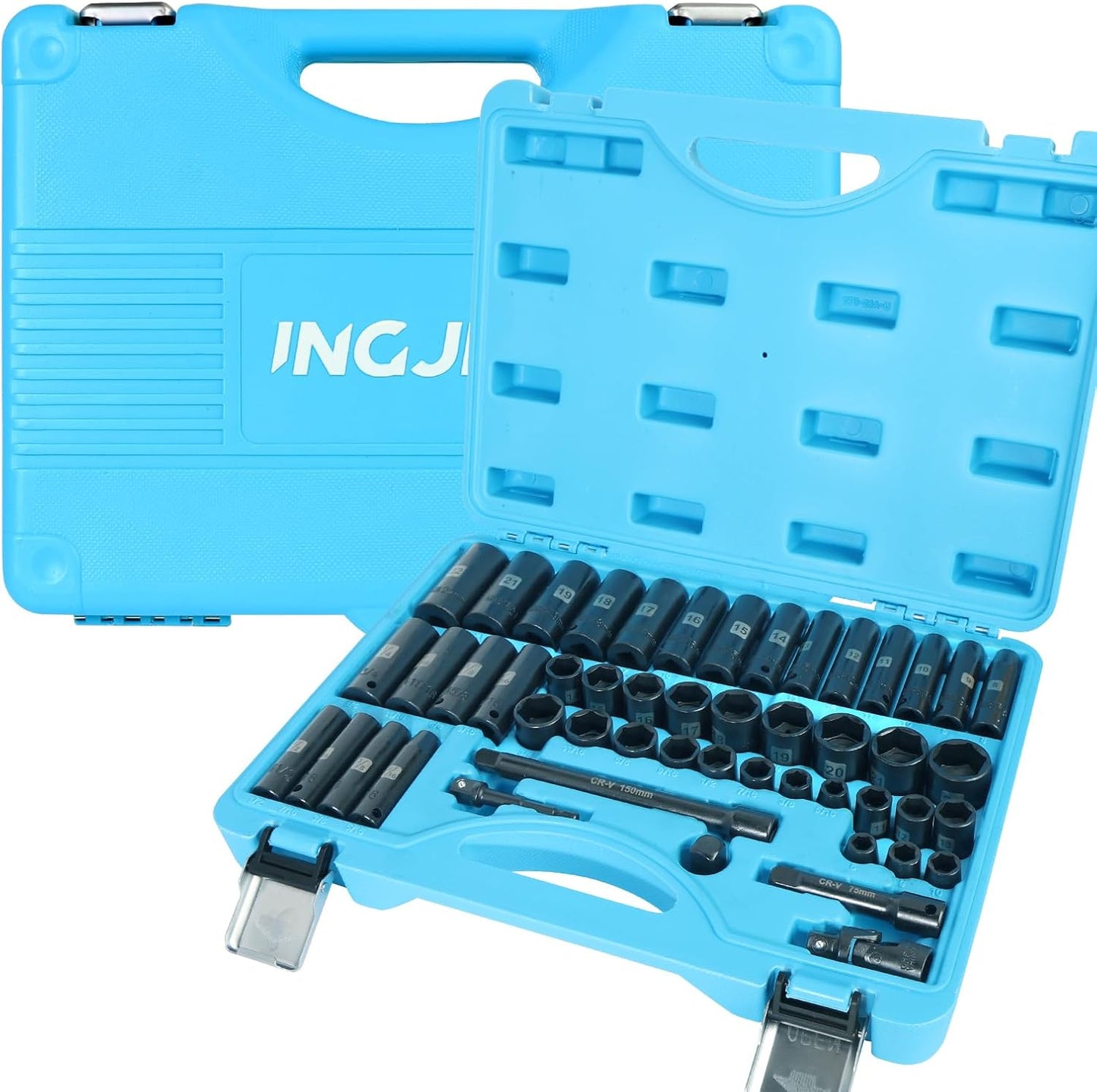 Impact Socket Set, 3/8 inch 50 Pcs, Standard SAE (5/16 to 3/4 inch) and Metric (8-22mm) 6 Point