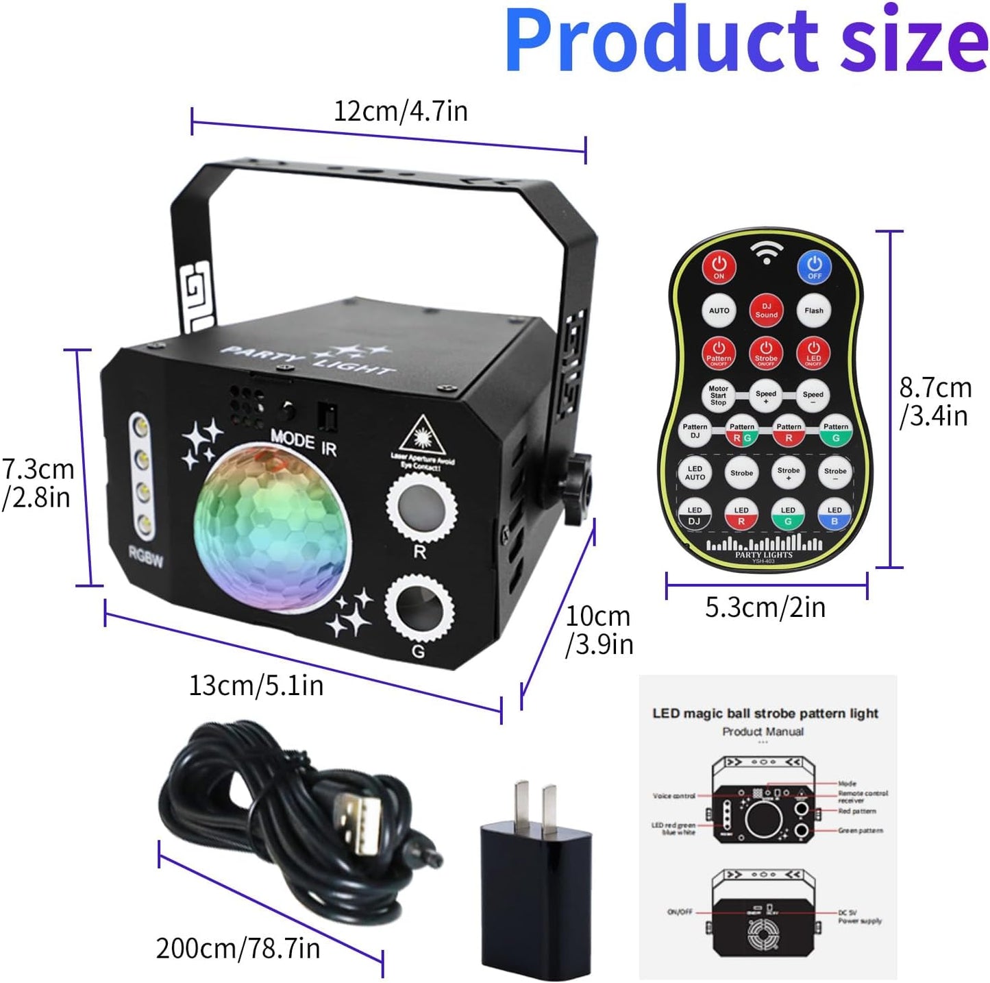 3 in 1 USB Sound Activated Party Light Disco Ball Lights,RGBW 4 Lens Dj Strobe Stage Lighting