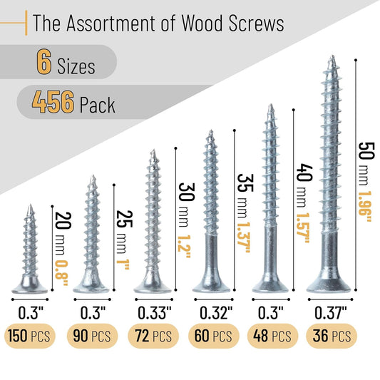 Wood Screws Kit, 456 pcs, Phillips Tips, Wood Screws, 6 Sizes (2”, 1-1/2”, 1-1/4”, 1”, 3/4”, 1/2”)