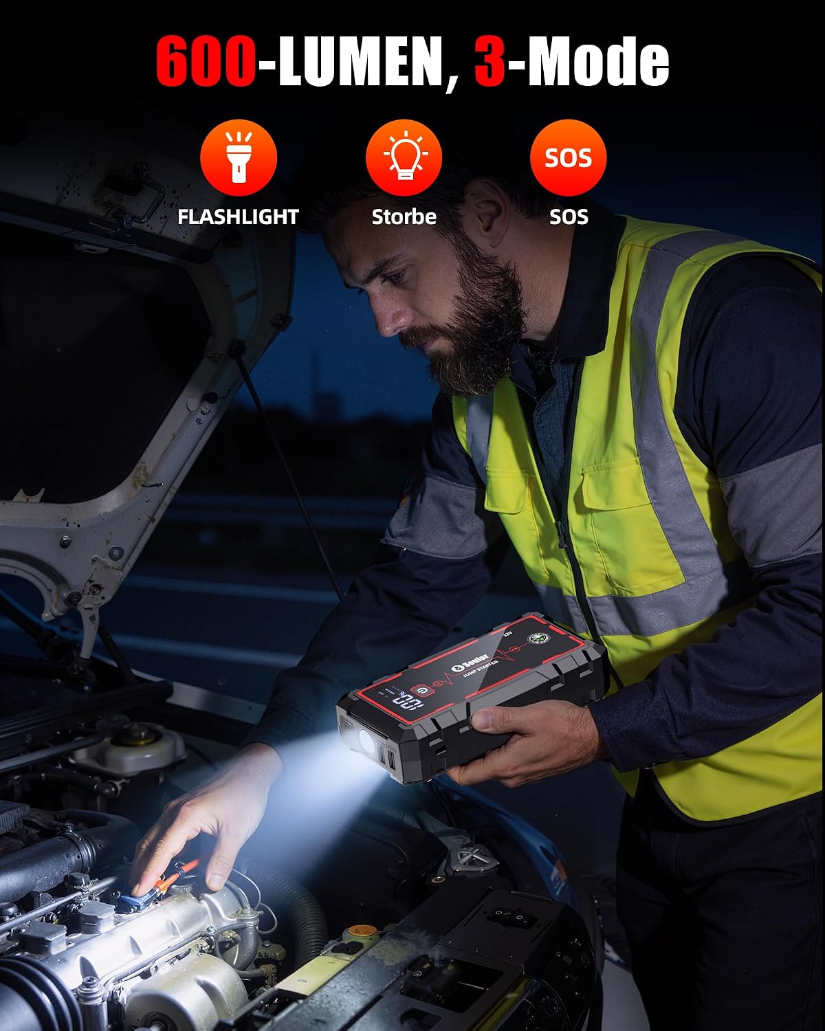 Car Battery Jumper Starter Portable, Battery Booster with 3 Modes Flashlight, Jumper Cables, Gloves