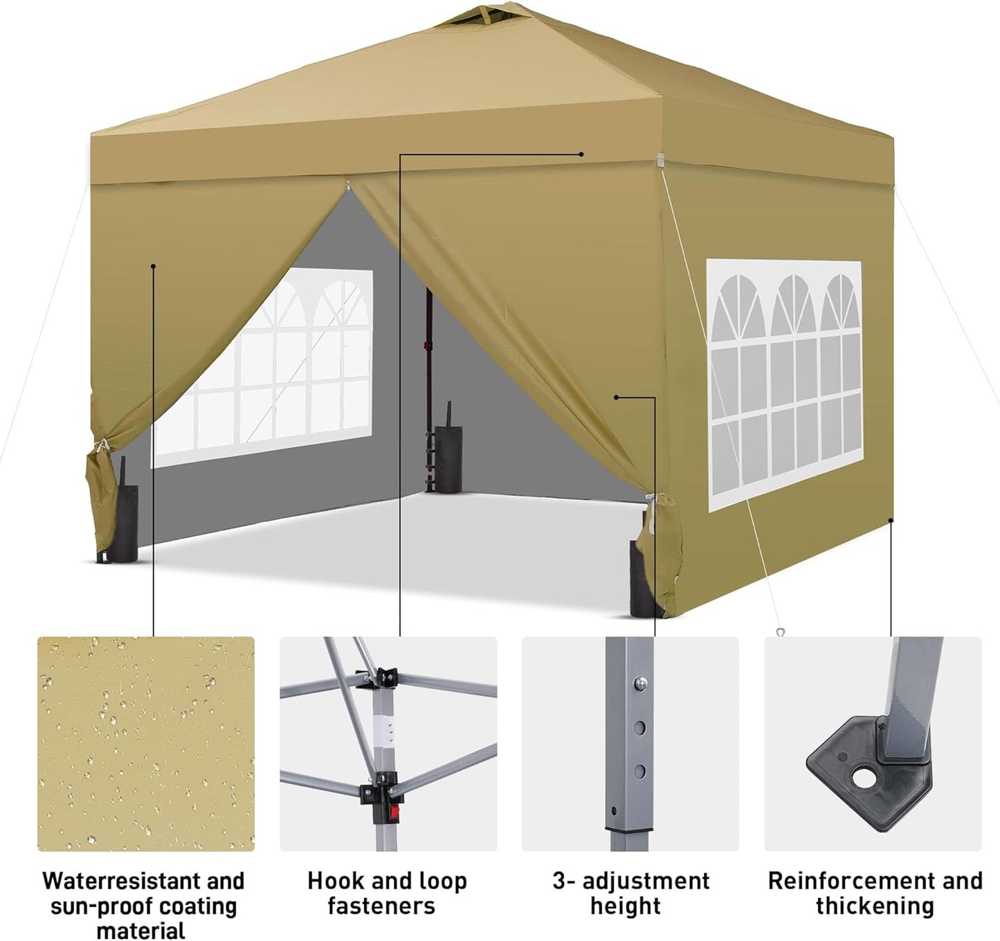 10'x10' Pop Up Canopy Tent, Portable Gazebo, Easy Up Outdoor Canopy, Brown