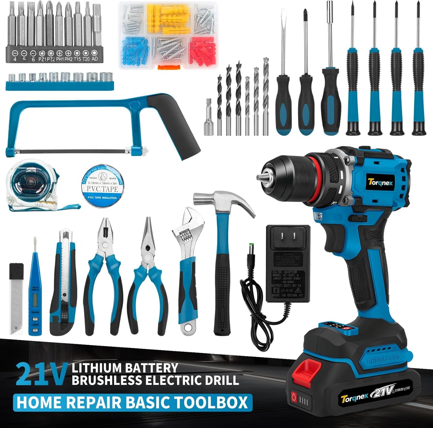21V Cordless Brushless Drill Tool Set, 2-Pack 2Ah Batteries for Home Renovation, Gardening Tools