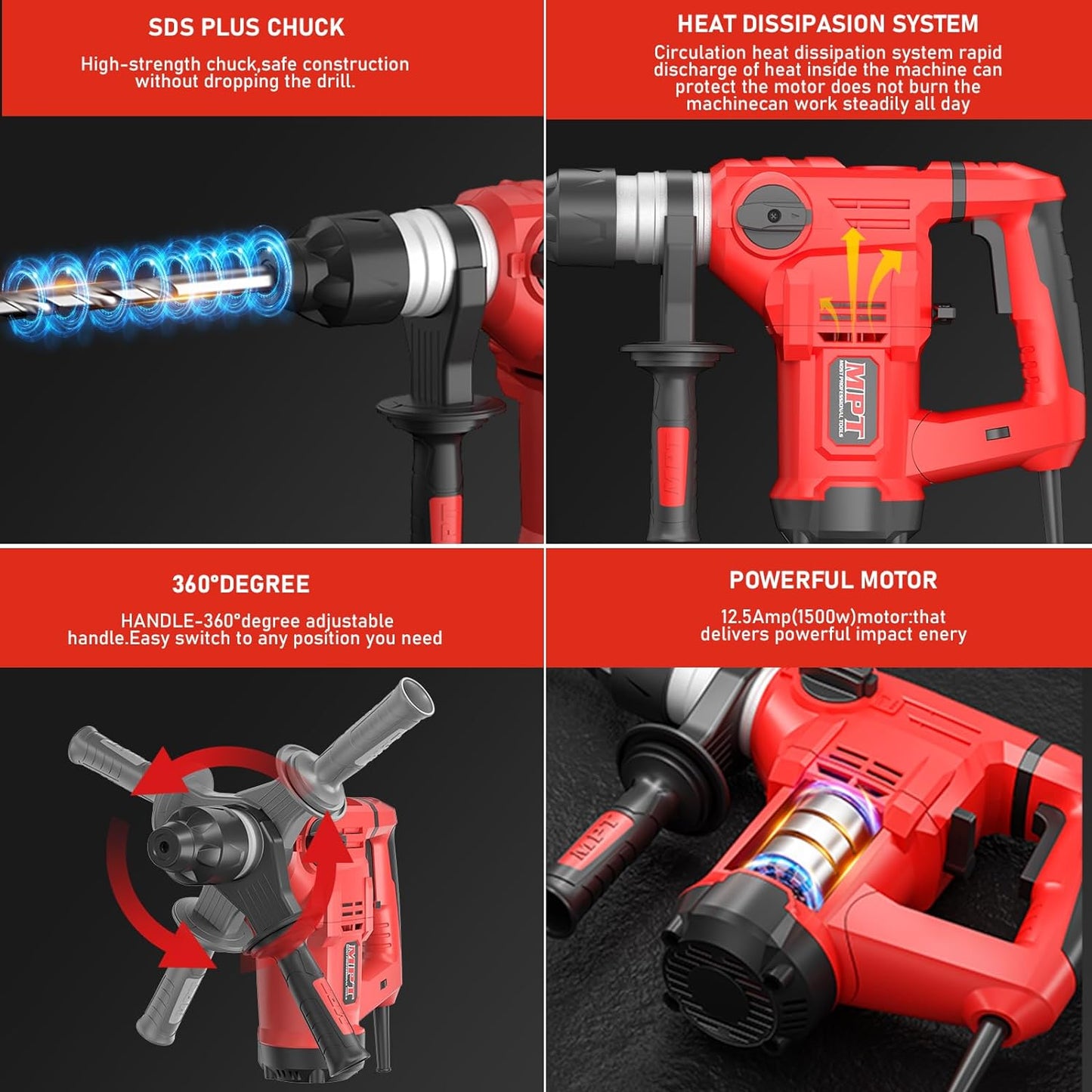 1-1/4In SDS-Plus 13 Amp Heavy Duty Rotary Hammer Drill, Concrete, 5 Bits, Point Chisel, Flat Chisel