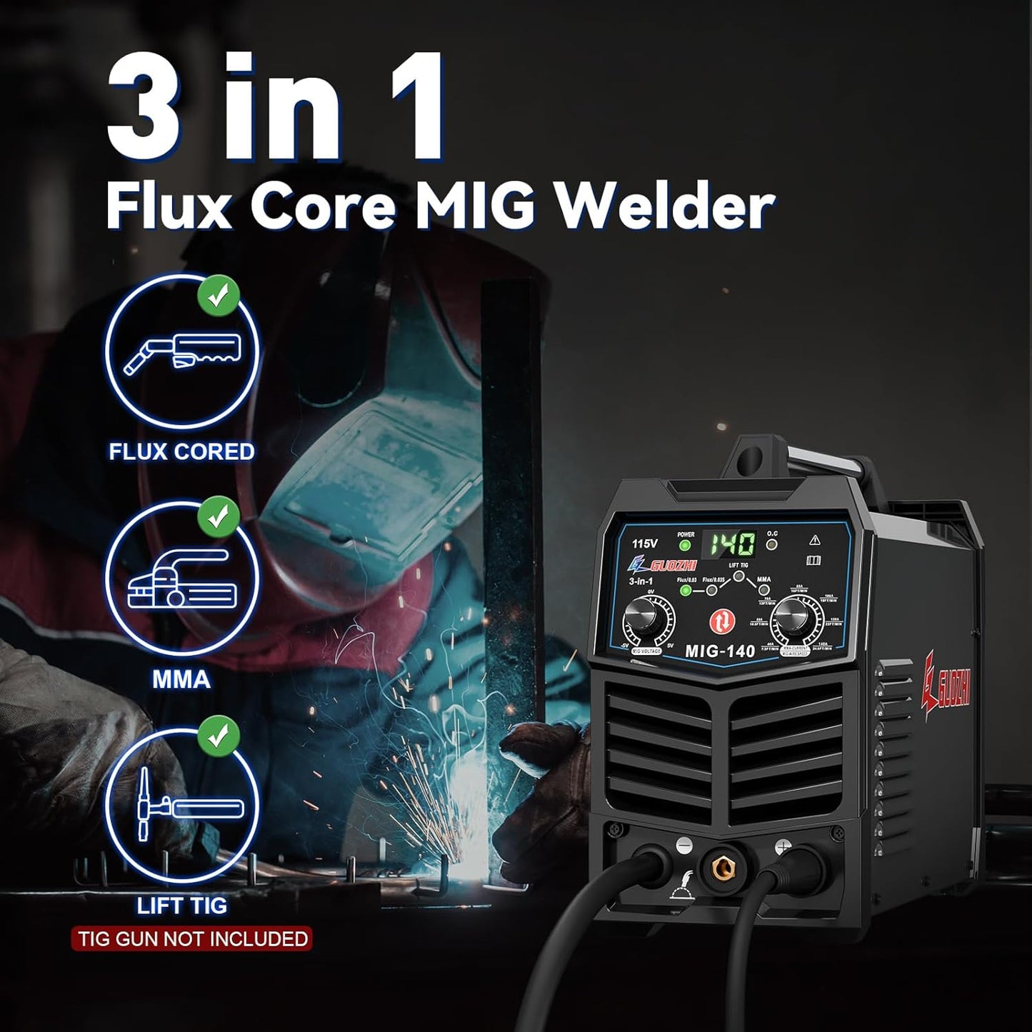 140A MIG Welder, 3 in 1 Welder FLUX MIG/ARC/Lift TIG Multi-Process, 110V, Flux Core, Welding Gun
