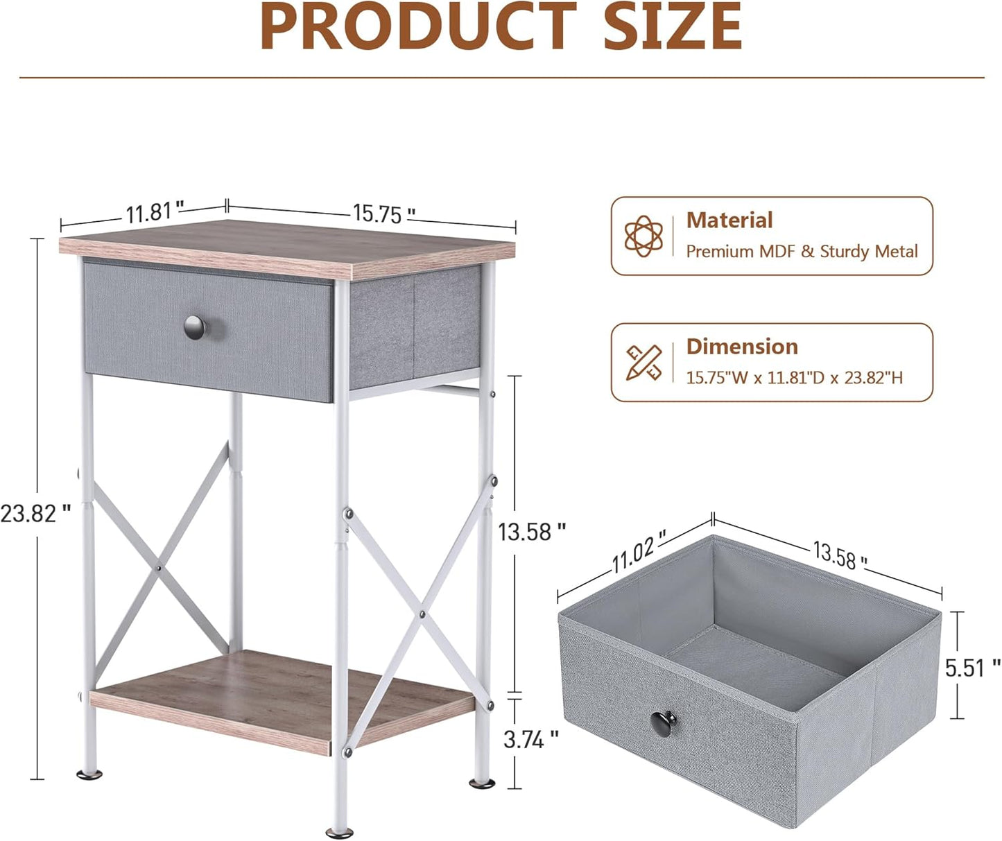 End Tables, Nightstand, Fabric Drawer &amp; Open Shelf, Industrial Metal Frame, Easy Assembly