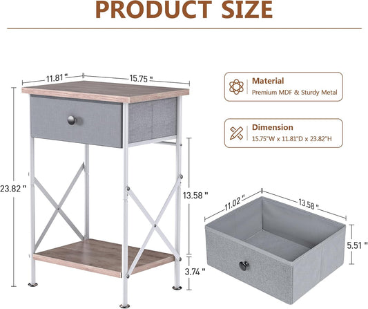 End Tables, Nightstand, Fabric Drawer & Open Shelf, Industrial Metal Frame, Easy Assembly
