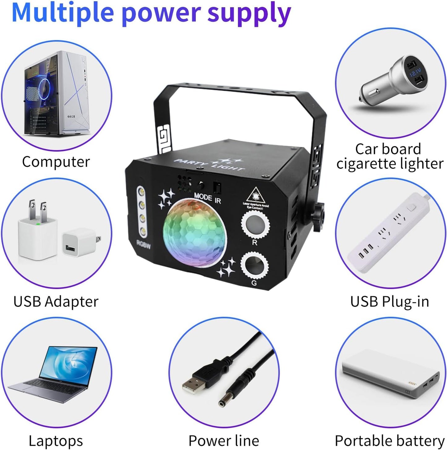 3 in 1 USB Sound Activated Party Light Disco Ball Lights,RGBW 4 Lens Dj Strobe Stage Lighting