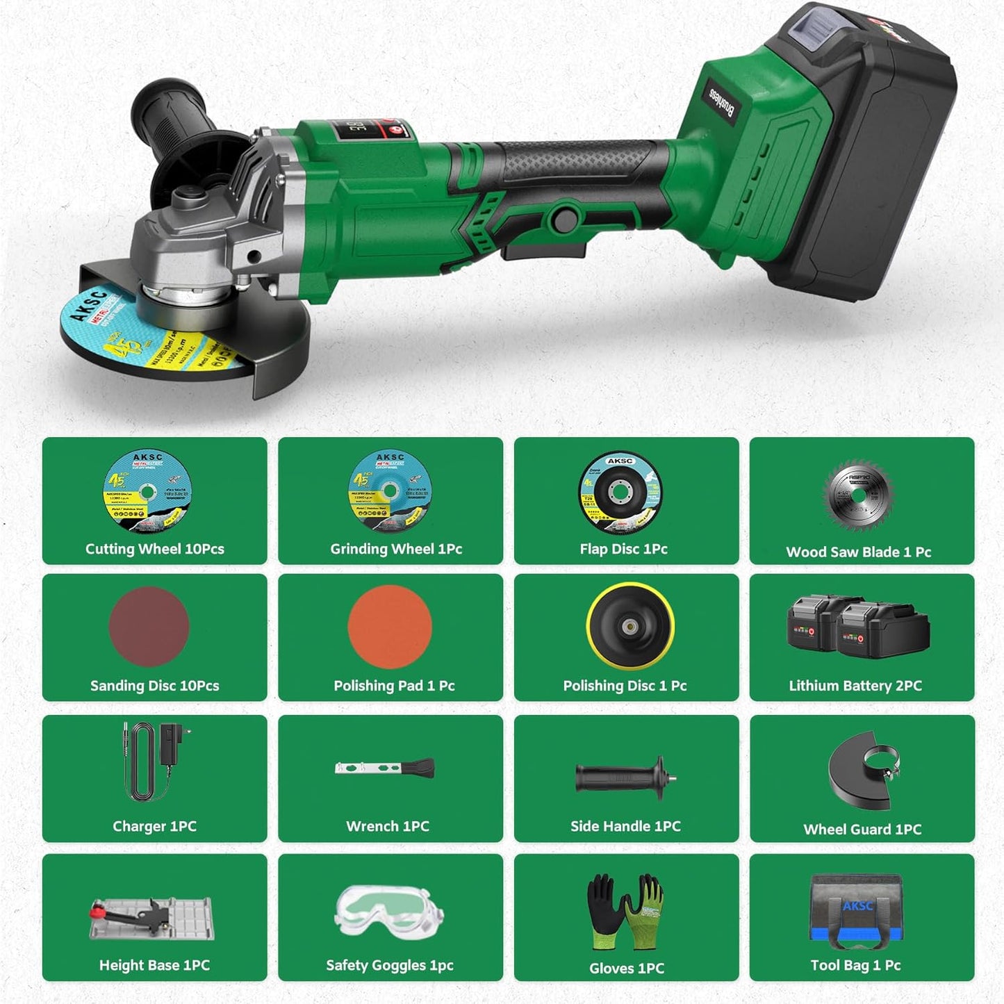 20V Cordless Battery Angle Grinder Tool 4-1/2In, Brushless 2x4.0Ah Batteries, 3 Variable Speed