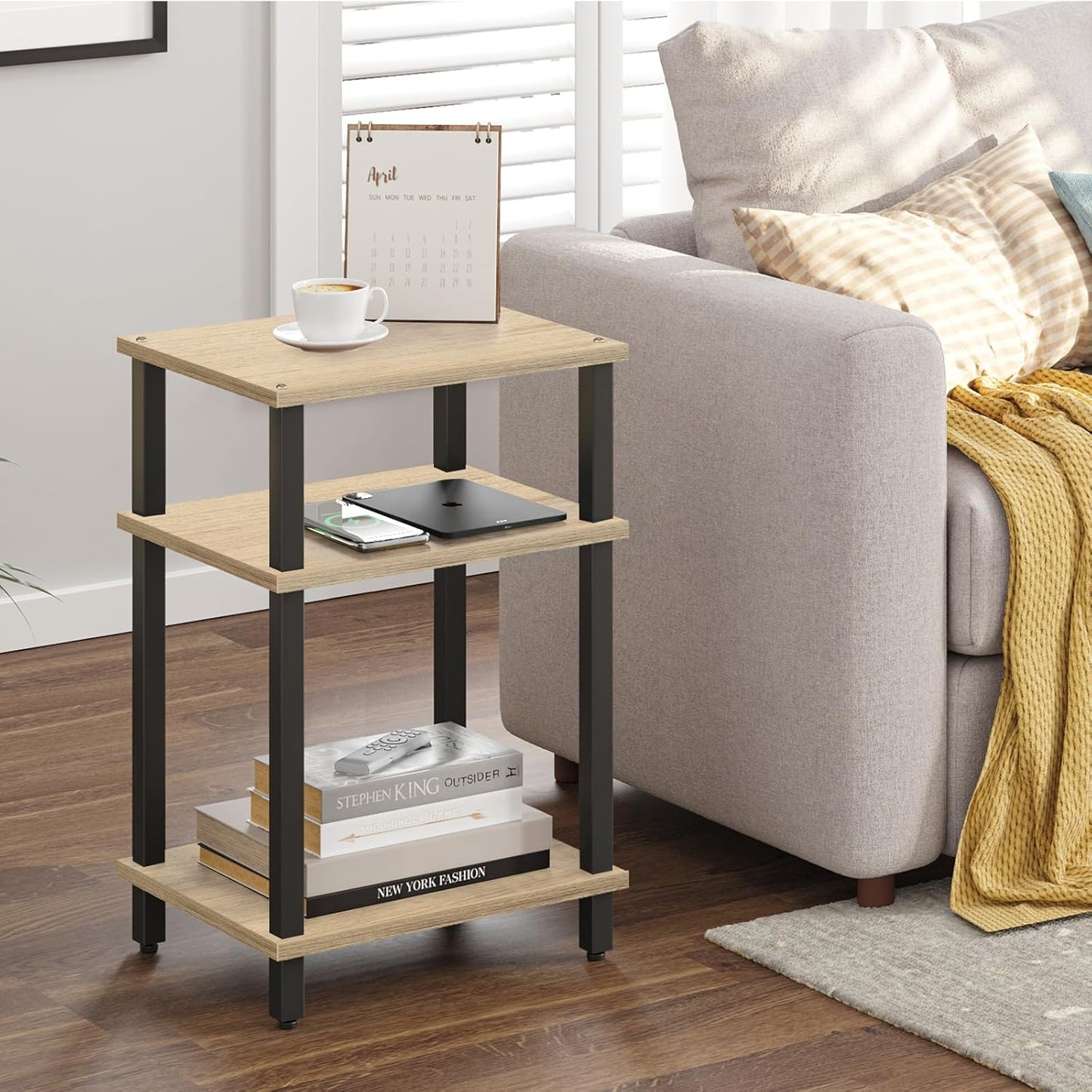 Set of 2 End Table, Side Table, Nightstand, 3-Tier Storage Shelf, Couch Table for Small Space