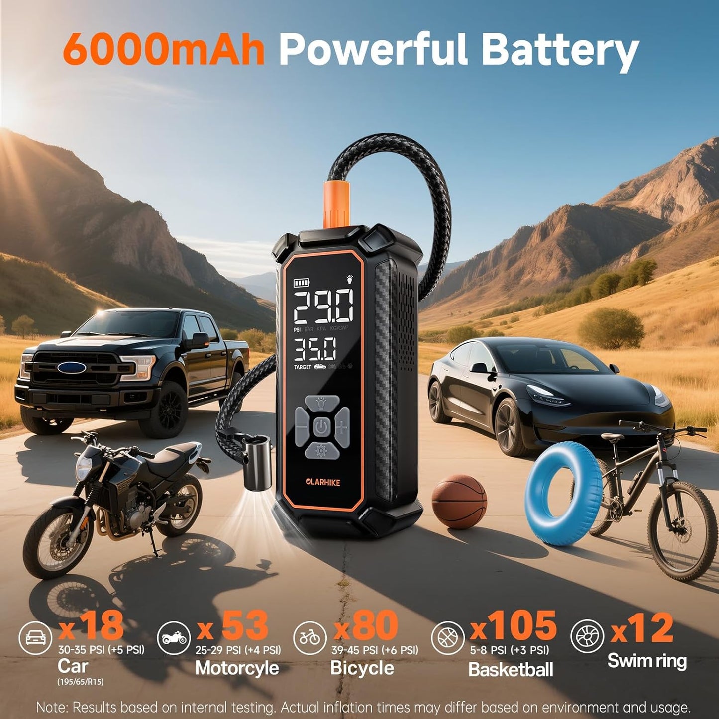 Cordless Tire Inflator, 150PSI Dual Power - 6000mAh &amp; 12V DC, LED &amp; Digital Pressure Gauge