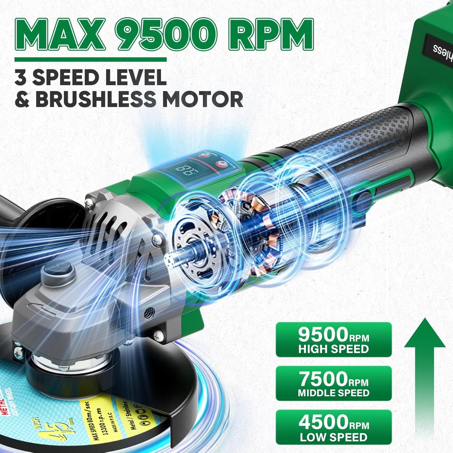 20V Cordless Battery Angle Grinder Tool 4-1/2In, Brushless 2x4.0Ah Batteries, 3 Variable Speed