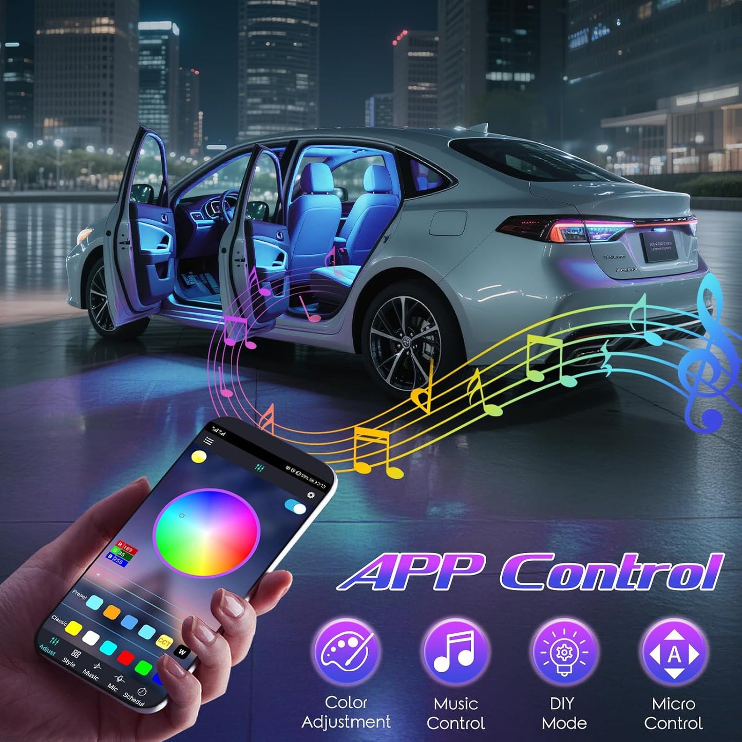 Led Lights Car Accessories Interior, APP Control, USB Port Color Change Lights