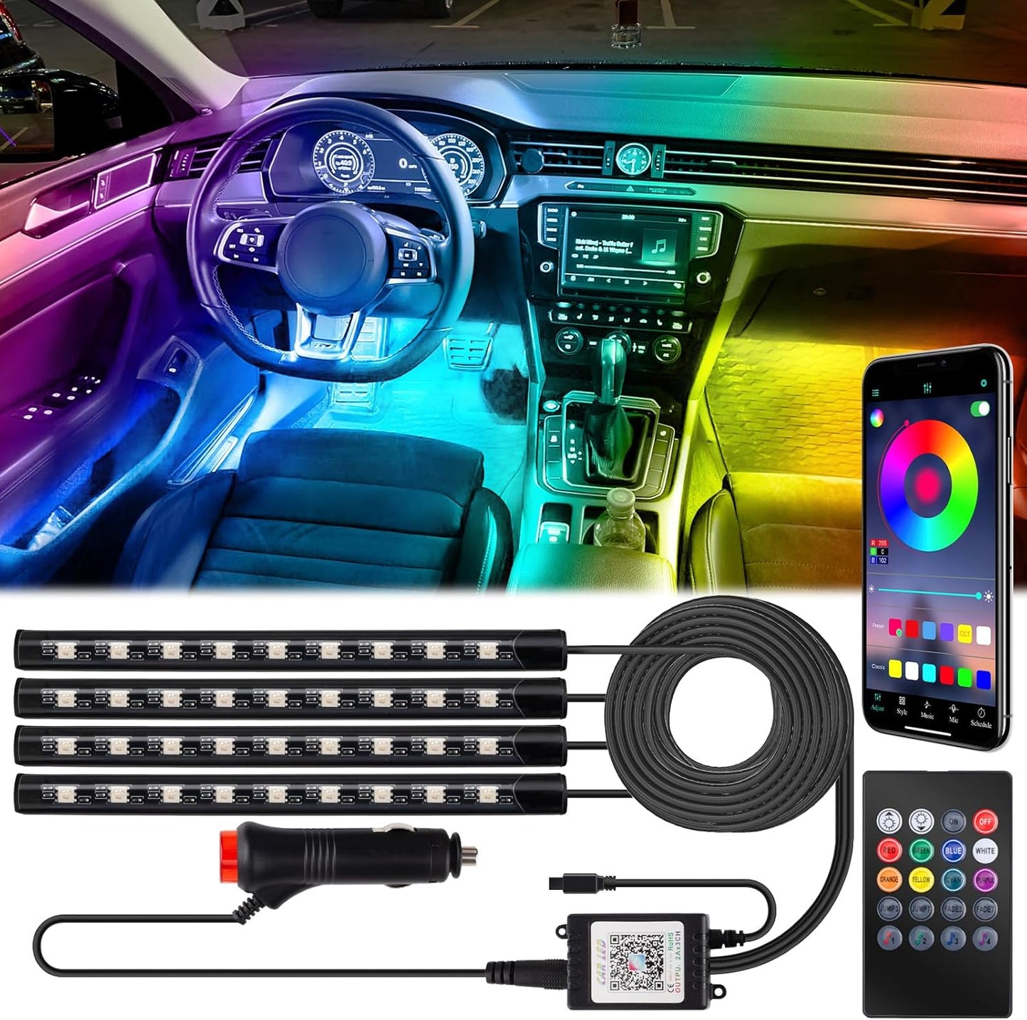 12V LED Car Interior Strip Lights, Cigarette Lighter Adapter