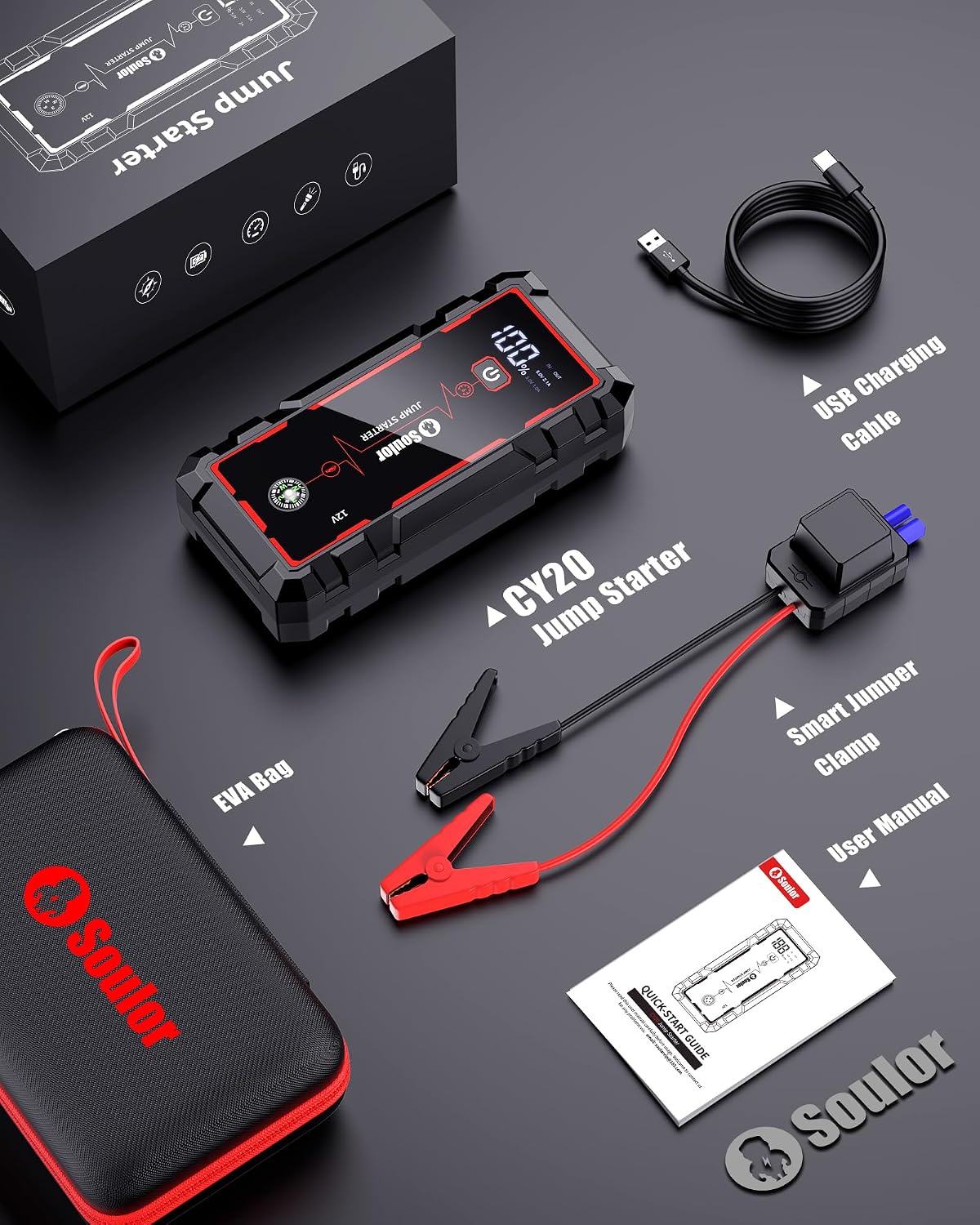 Car Battery Jumper Starter Portable, Battery Booster with 3 Modes Flashlight, Jumper Cables, Gloves