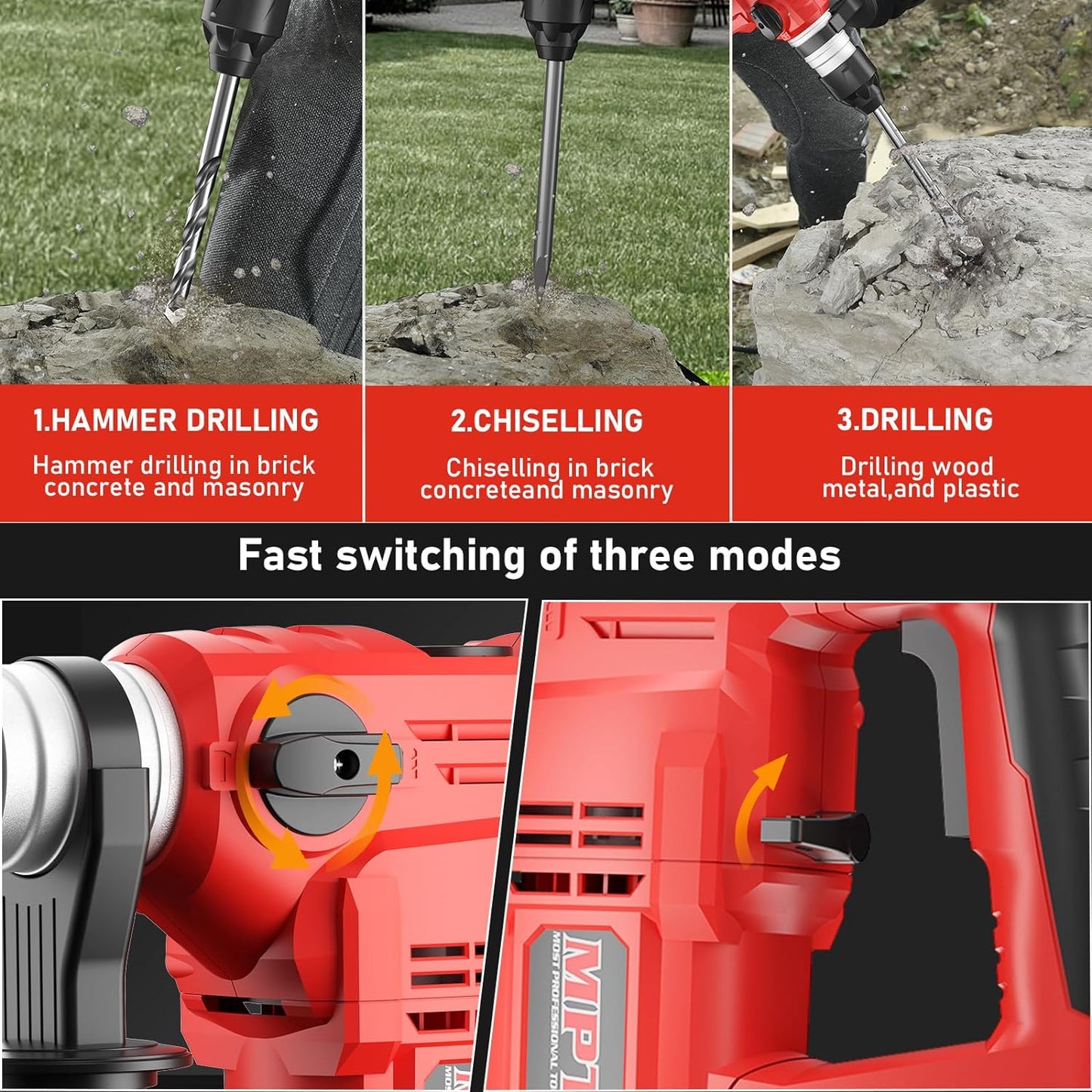 1-1/4In SDS-Plus 13 Amp Heavy Duty Rotary Hammer Drill, Concrete, 5 Bits, Point Chisel, Flat Chisel