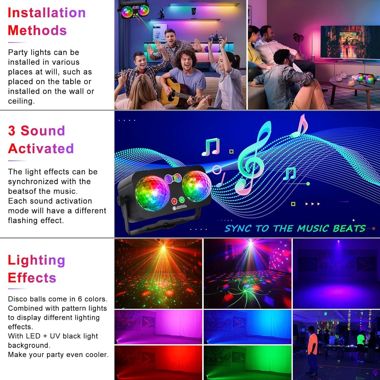 Party Lights Dj Disco Ball Light, 10 ft USB Cable 5V/3A Sound Activated Strobe Stage Lighting