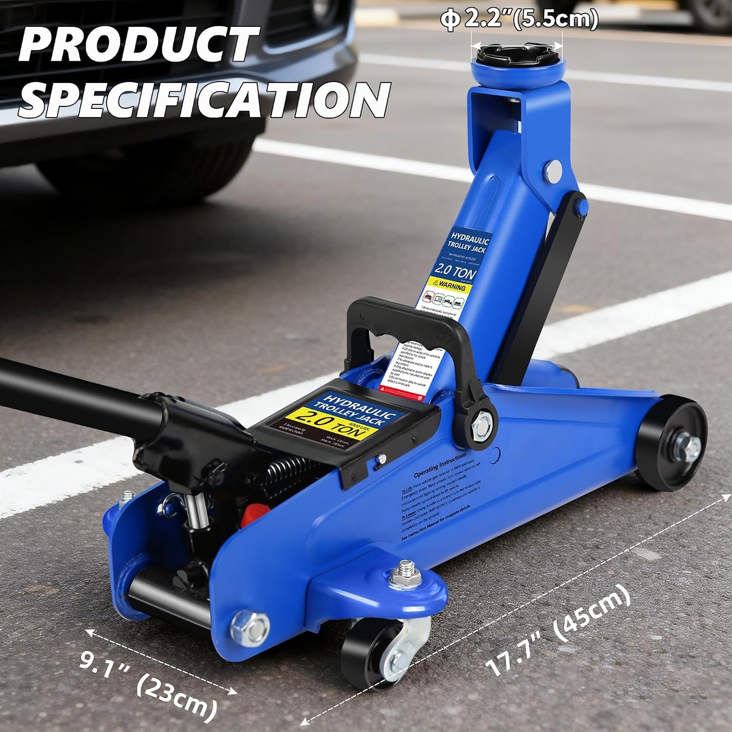 2 Ton Low Profile Floor Jack, Tire Kit, Gloves &amp; Bag, Steel jack, 5.3"-13" lift Overload valve