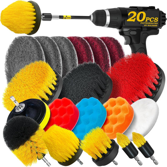 20Pack Drill Brush Attachments Set, Scrub Pads & Sponge, Buffing Pads, Extend Long Attachment