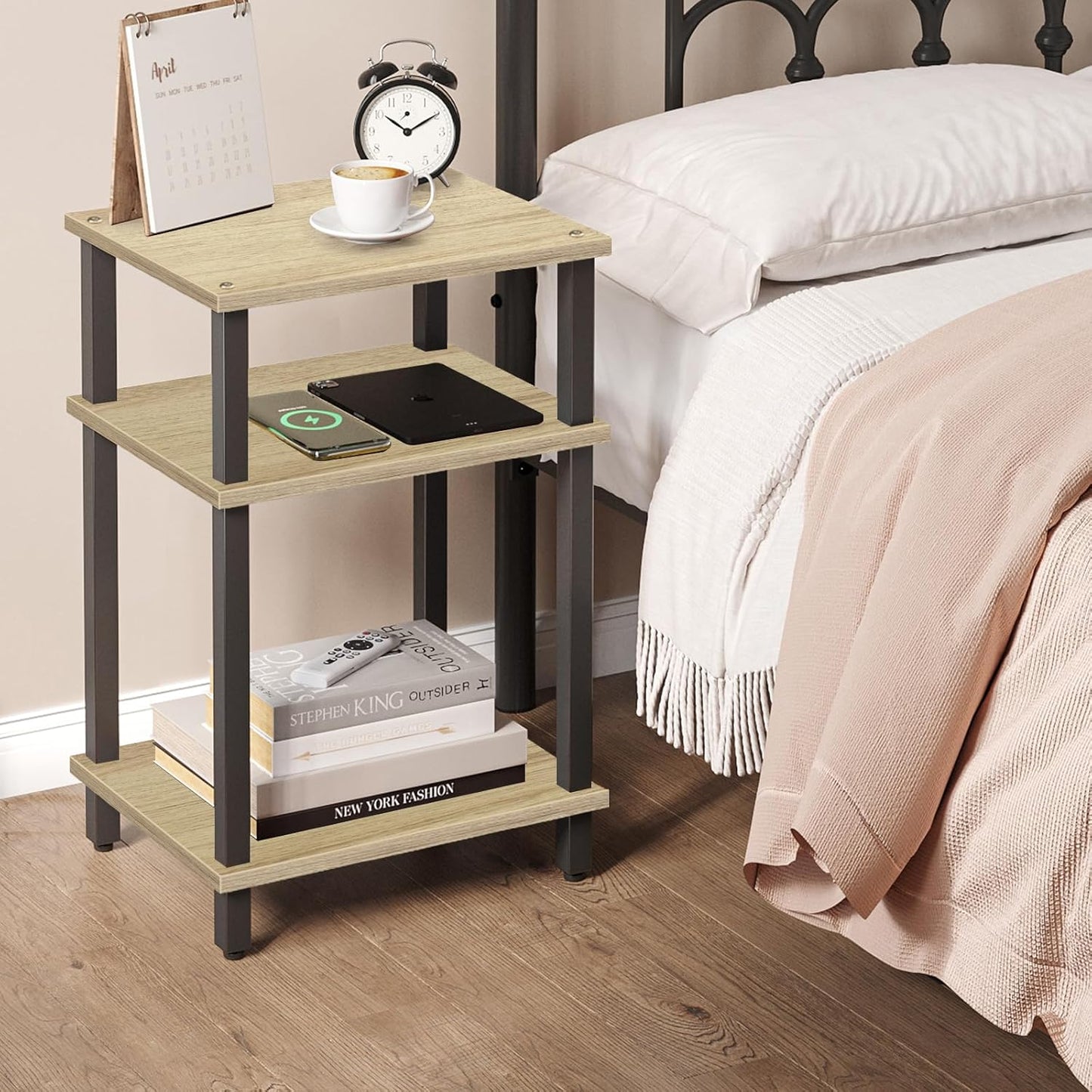 Set of 2 End Table, Side Table, Nightstand, 3-Tier Storage Shelf, Couch Table for Small Space