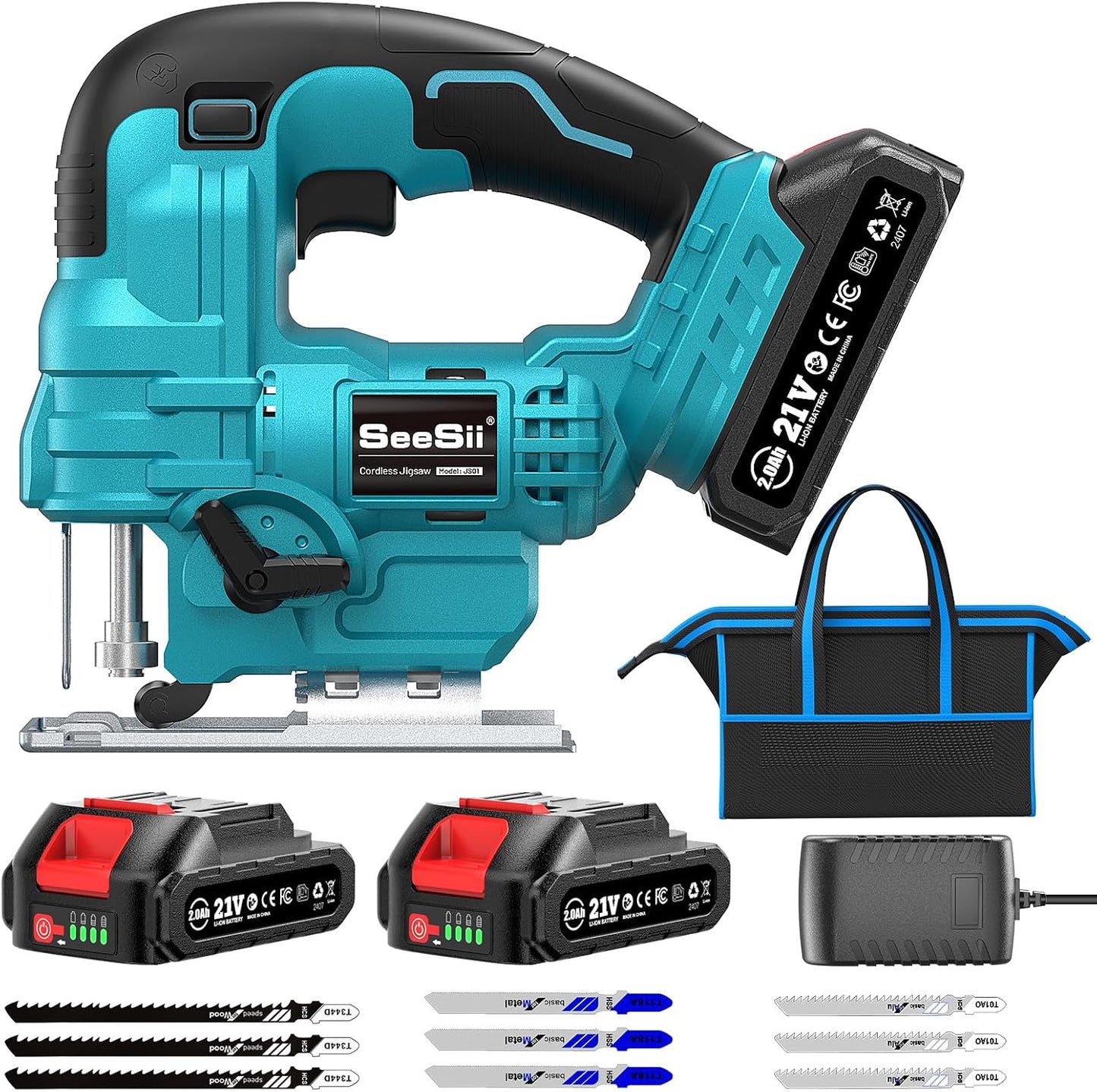 21V Cordless Jigsaw, 2×2.0AhBattery, 0°-45°Bevel Cuts, 4 Orbital Settings, 2800SPM Variable Speed