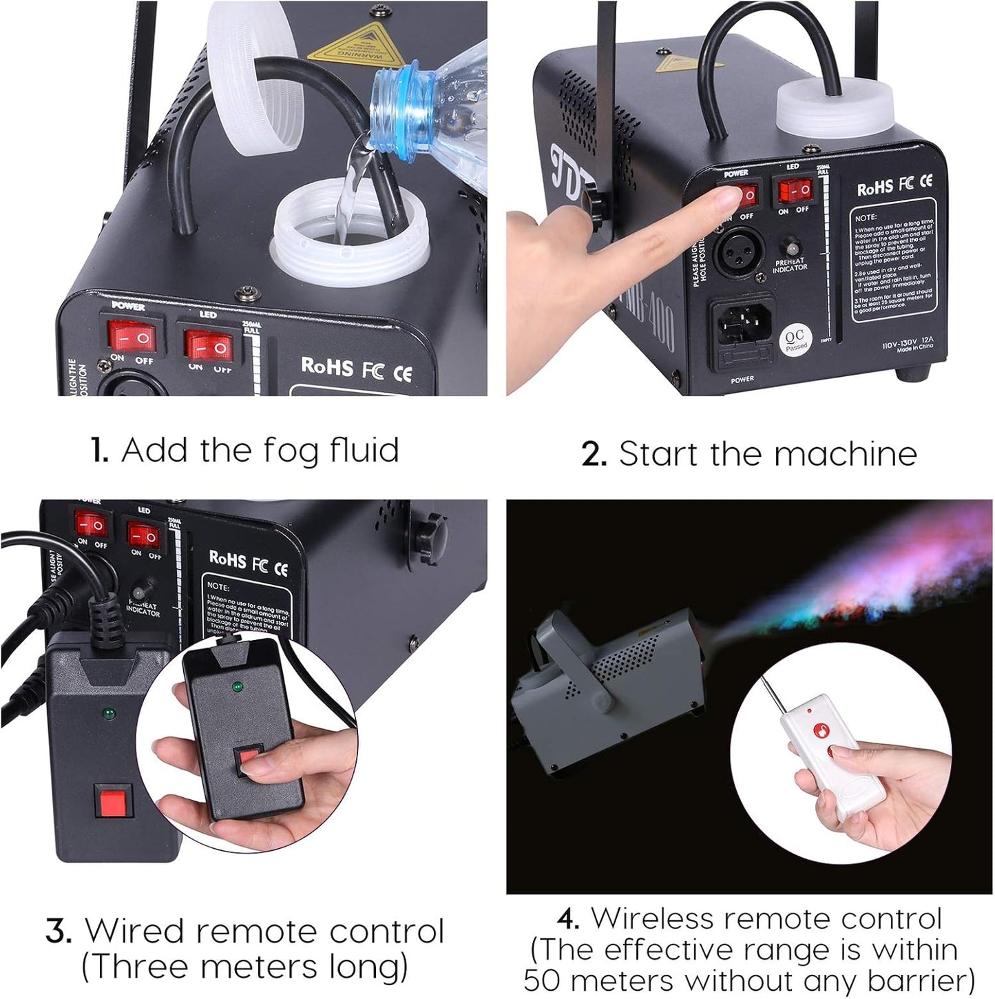 Fog Machine Controllable LED 500W &amp; 2000CFM Wireless and Wired Remote Control Fuse Protection