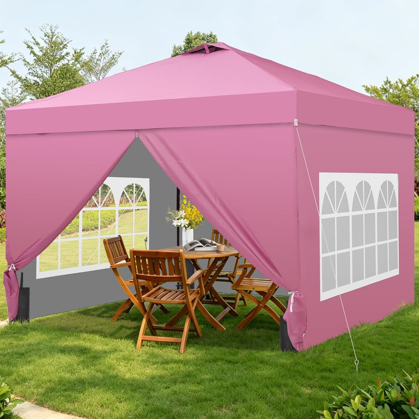 10x10FT Pop-Up Canopy Tent, 4-Side Walls &amp; Vented Top, Portable Outdoor, Pink.