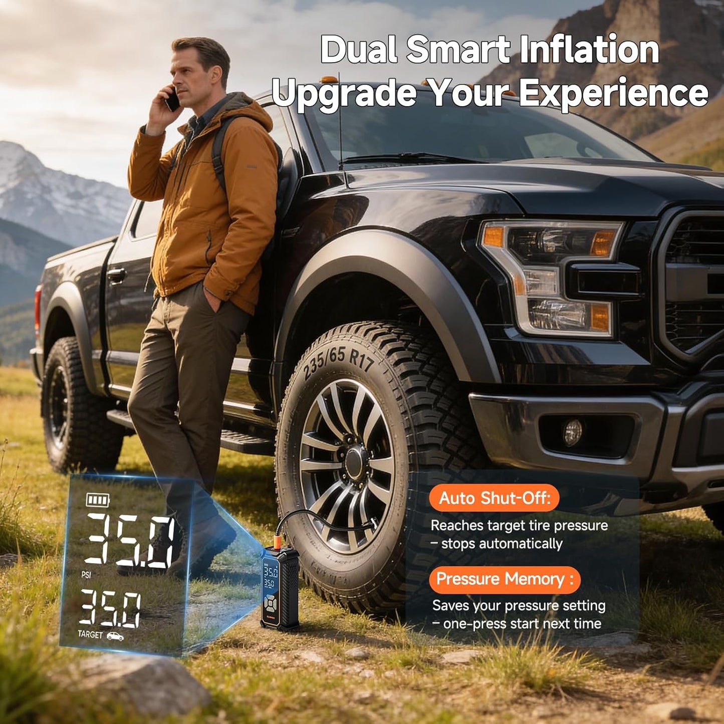 Cordless Tire Inflator, 150PSI Dual Power - 6000mAh &amp; 12V DC, LED &amp; Digital Pressure Gauge