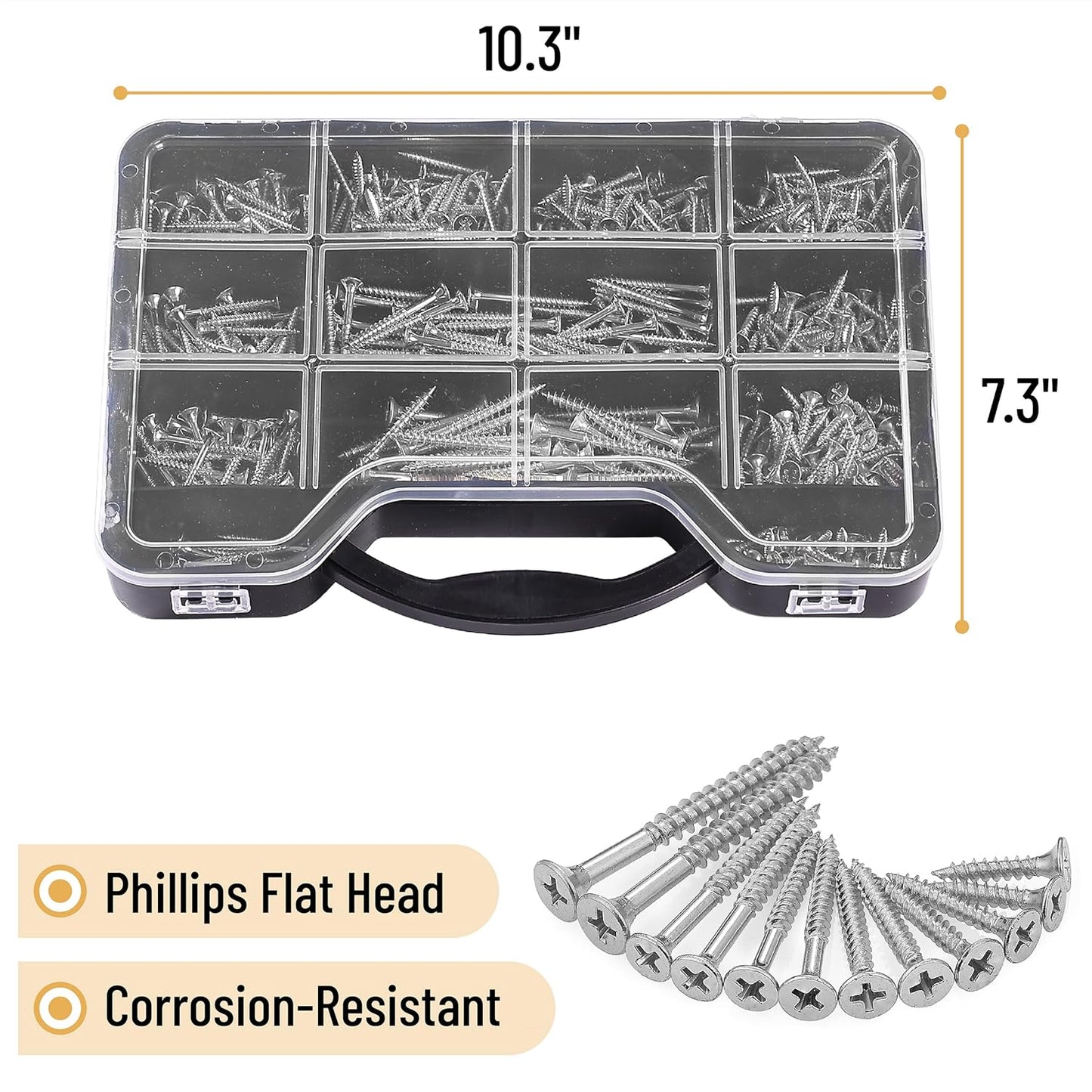 Wood Screws Kit, 456 pcs, Phillips Tips, Wood Screws, 6 Sizes (2”, 1-1/2”, 1-1/4”, 1”, 3/4”, 1/2”)