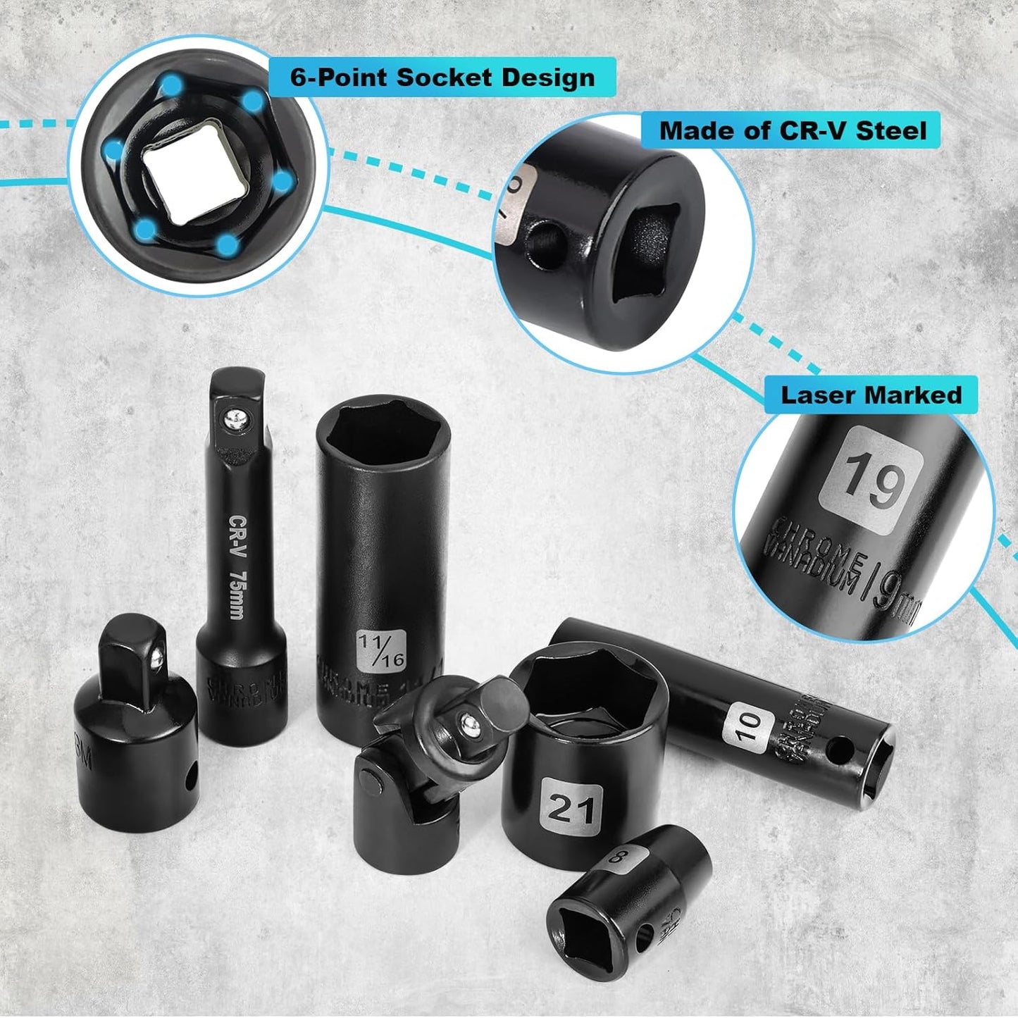Impact Socket Set, 3/8 inch 50 Pcs, Standard SAE (5/16 to 3/4 inch) and Metric (8-22mm) 6 Point