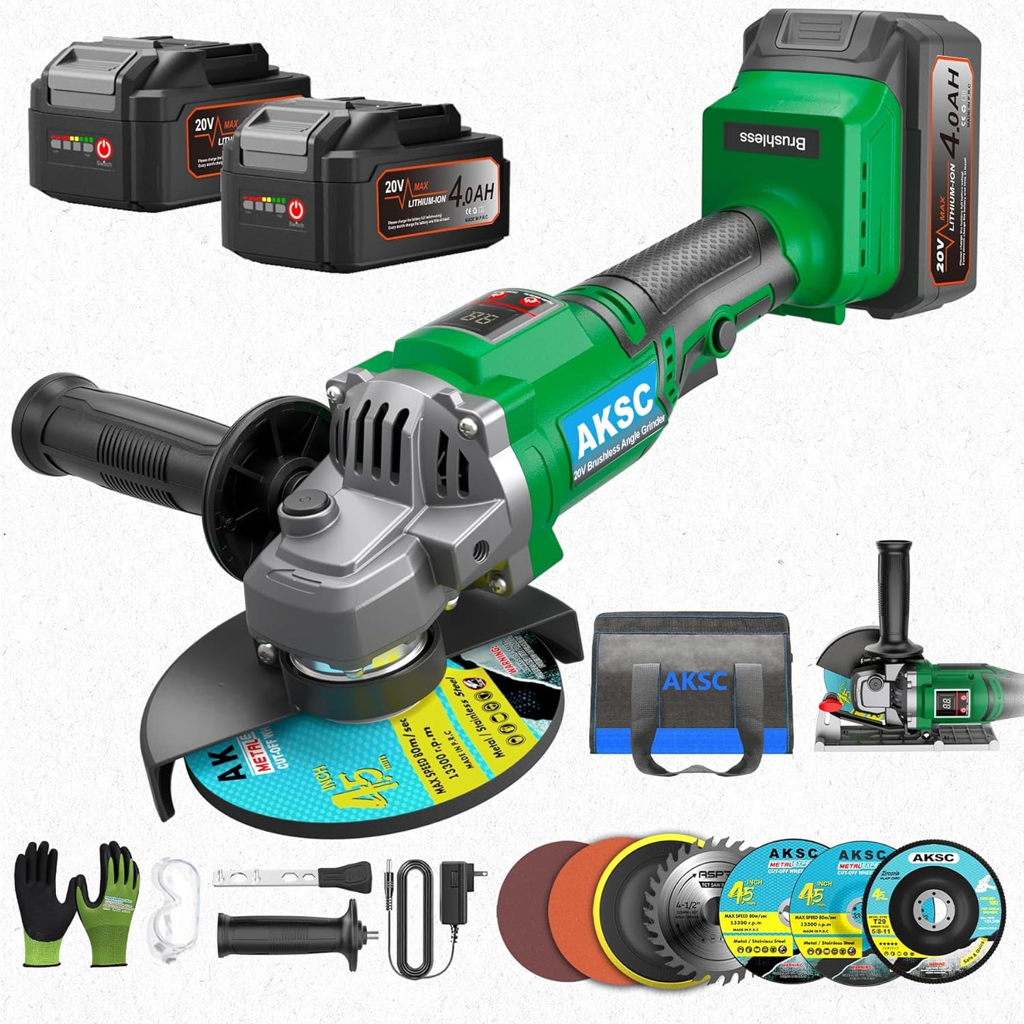 20V Cordless Battery Angle Grinder Tool 4-1/2In, Brushless 2x4.0Ah Batteries, 3 Variable Speed