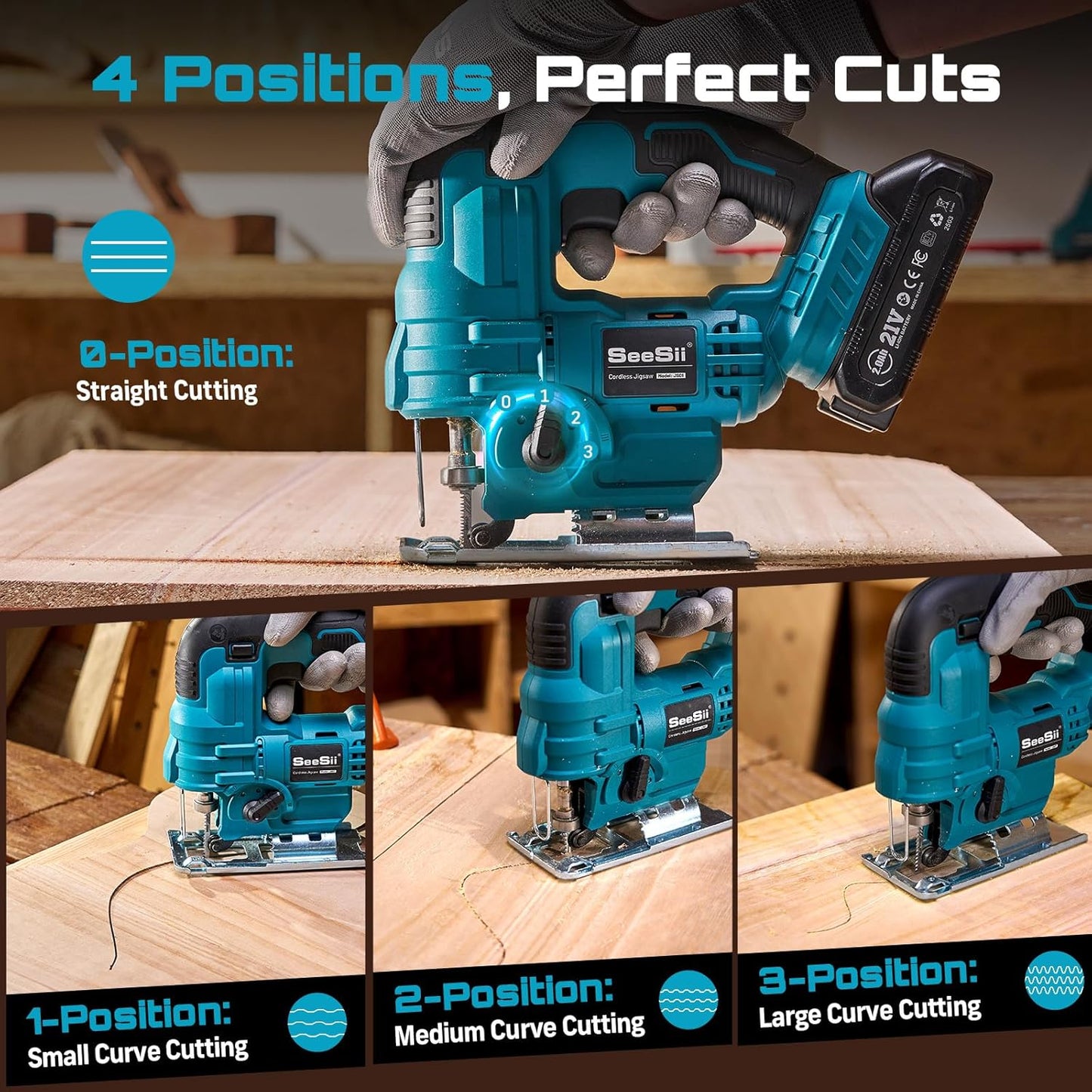 21V Cordless Jigsaw, 2×2.0AhBattery, 0°-45°Bevel Cuts, 4 Orbital Settings, 2800SPM Variable Speed