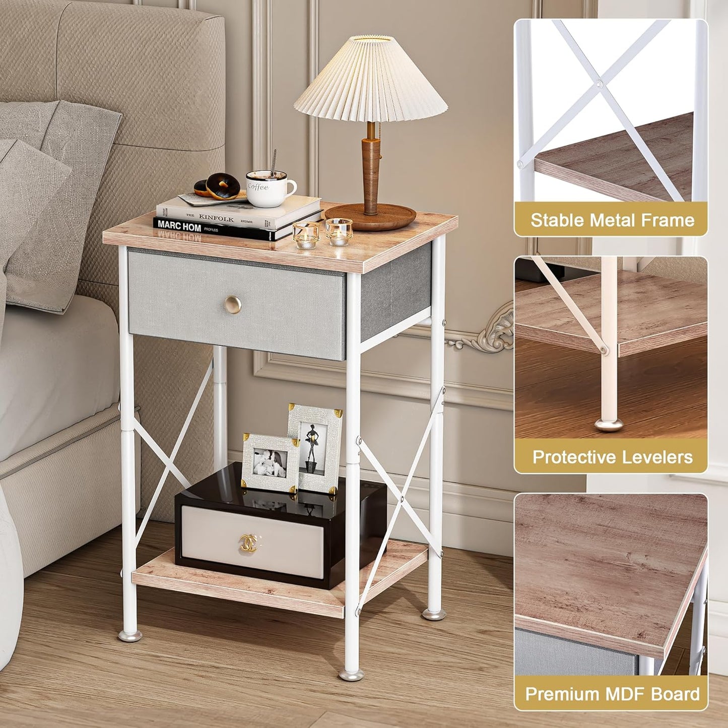 End Tables, Nightstand, Fabric Drawer &amp; Open Shelf, Industrial Metal Frame, Easy Assembly