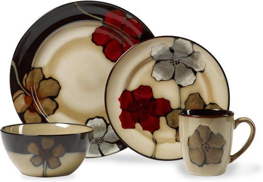 Painted Poppies 16-Piece Dinnerware Set, Service for 4, Floral Stoneware Plates, Bowls &amp; Mugs