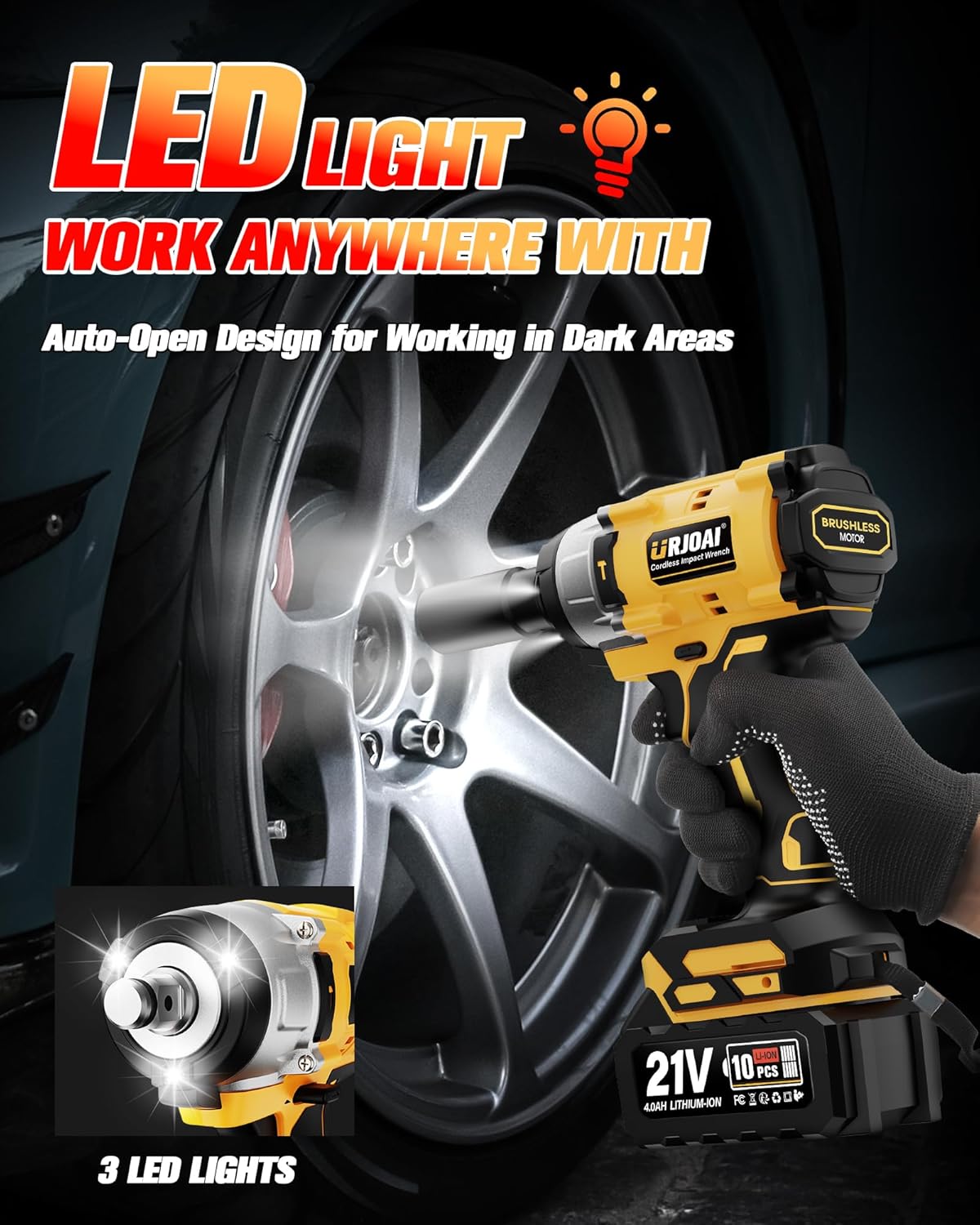 Cordless Impact Wrench 590Ft-lbs (800N.m) Brushless 1/2 in, 3300RPM High Torque, 2x 4.0Ah Battery