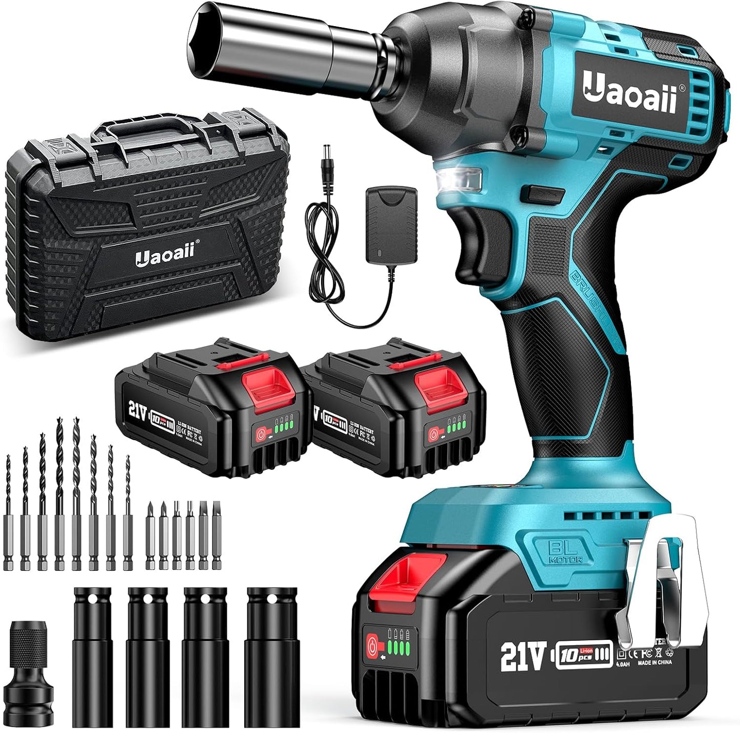 21 V Cordless Impact Wrench, 265Ft-lbs (350N.m) 1/2 Inch, 2x 4.0Ah Batteries, Bits, Impact Driver