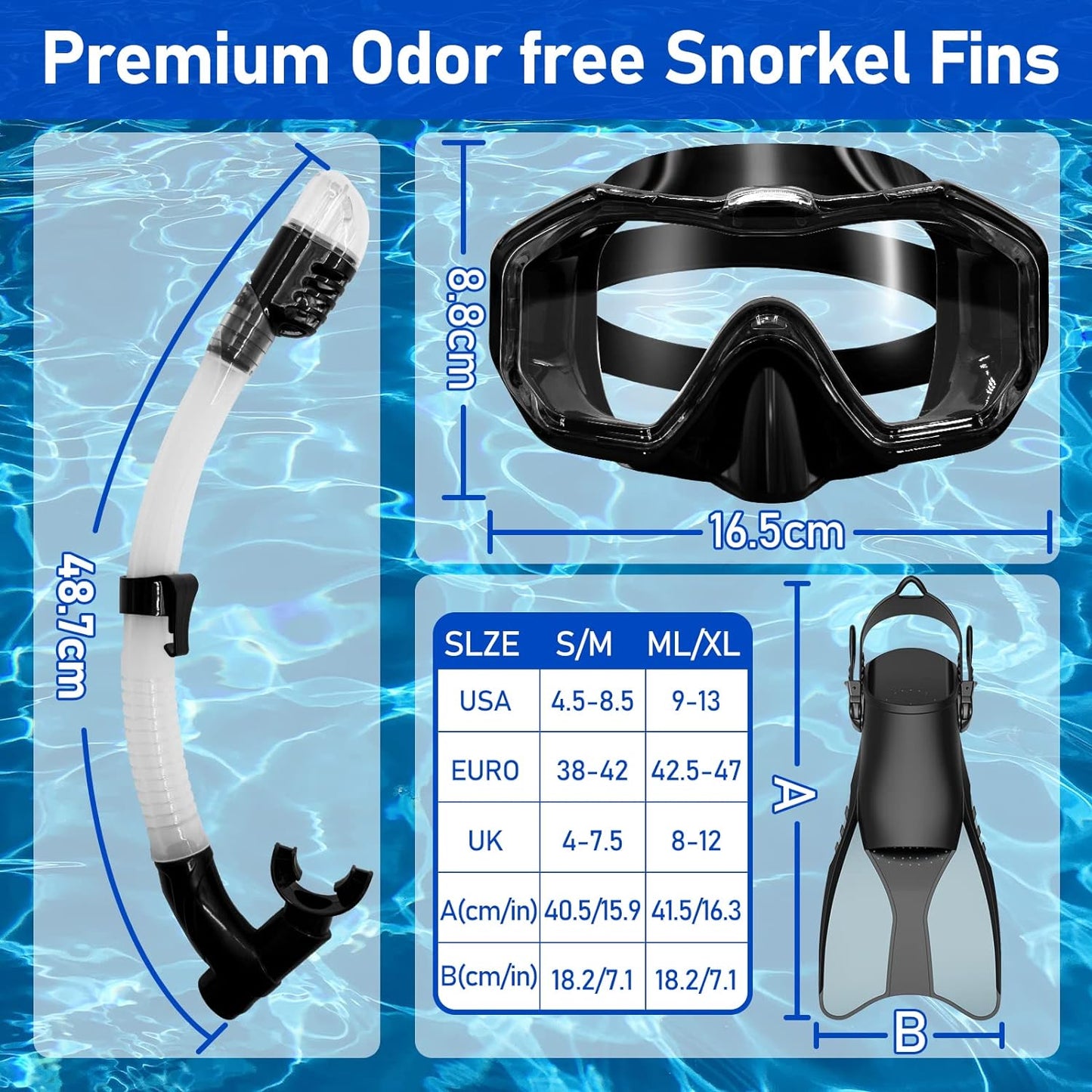 Snorkeling Gear,3 in 1 Mask Fins,180 View, Anti-Fog Anti-Leak, Dry Top Snorkel, Dive Flippers