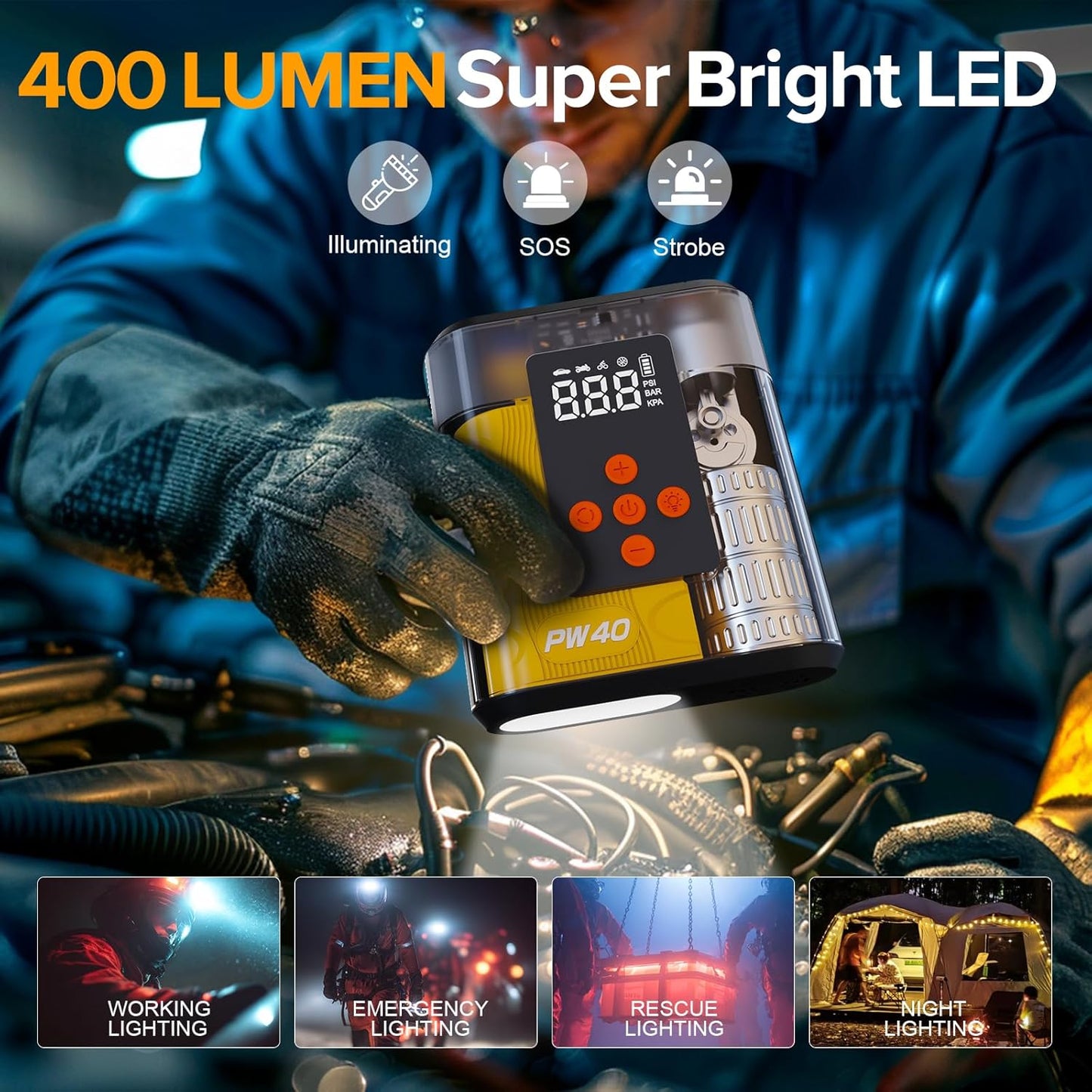 Jump Starter, Air Compressor, 4000A Peak Car Battery Charger, 200 PSI Tire Inflator,Up to 9.0L Gas