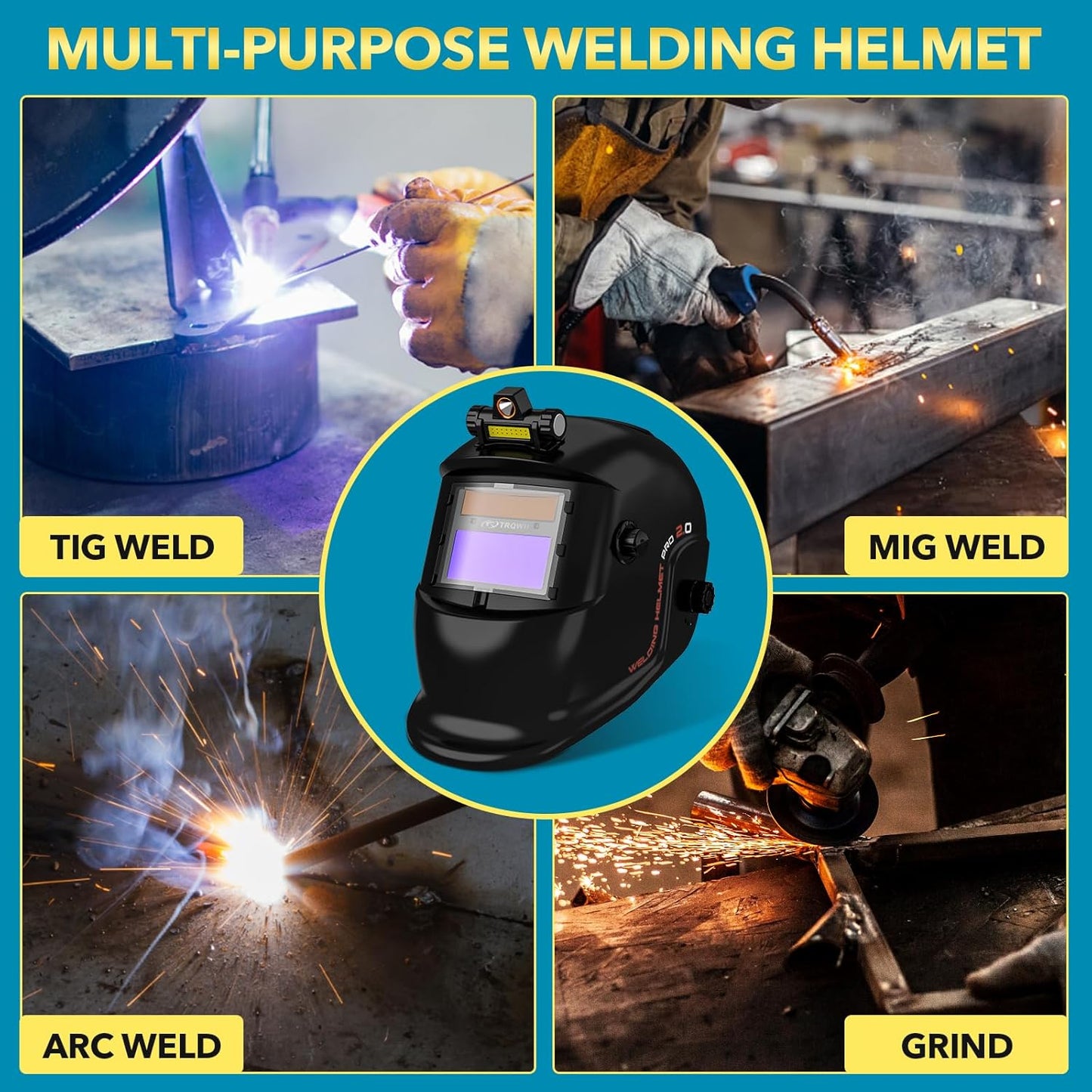 Light True Color Auto Darkening Solar Powered Welding Hood Helmet, 2 Arc Sensor Wide Shade 4/9-13